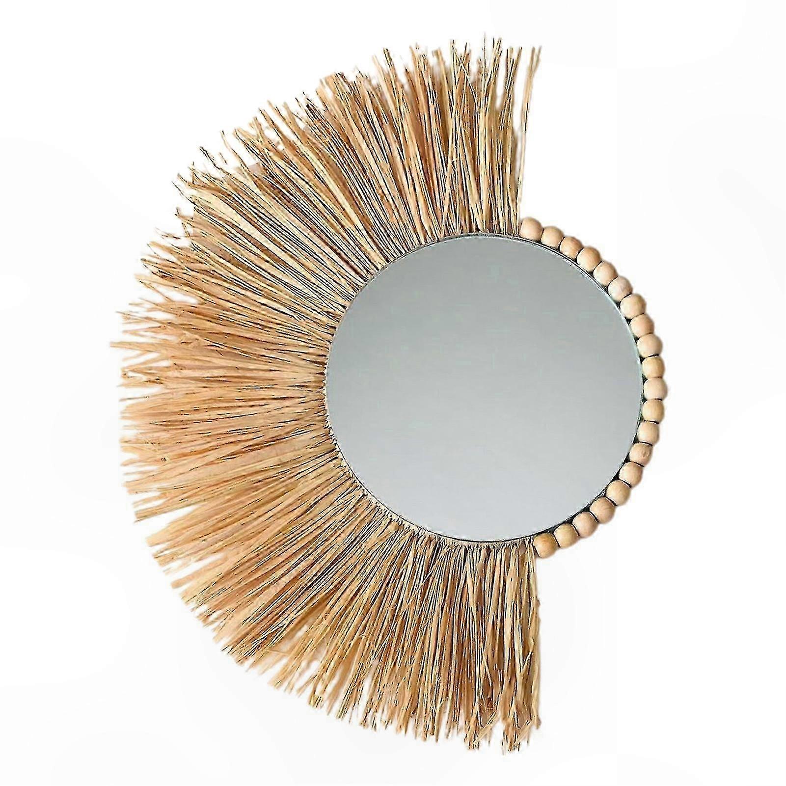 Multi-functional Decorative Hanging Mirror with Straw and Wood Beads for Bedroom Accents
