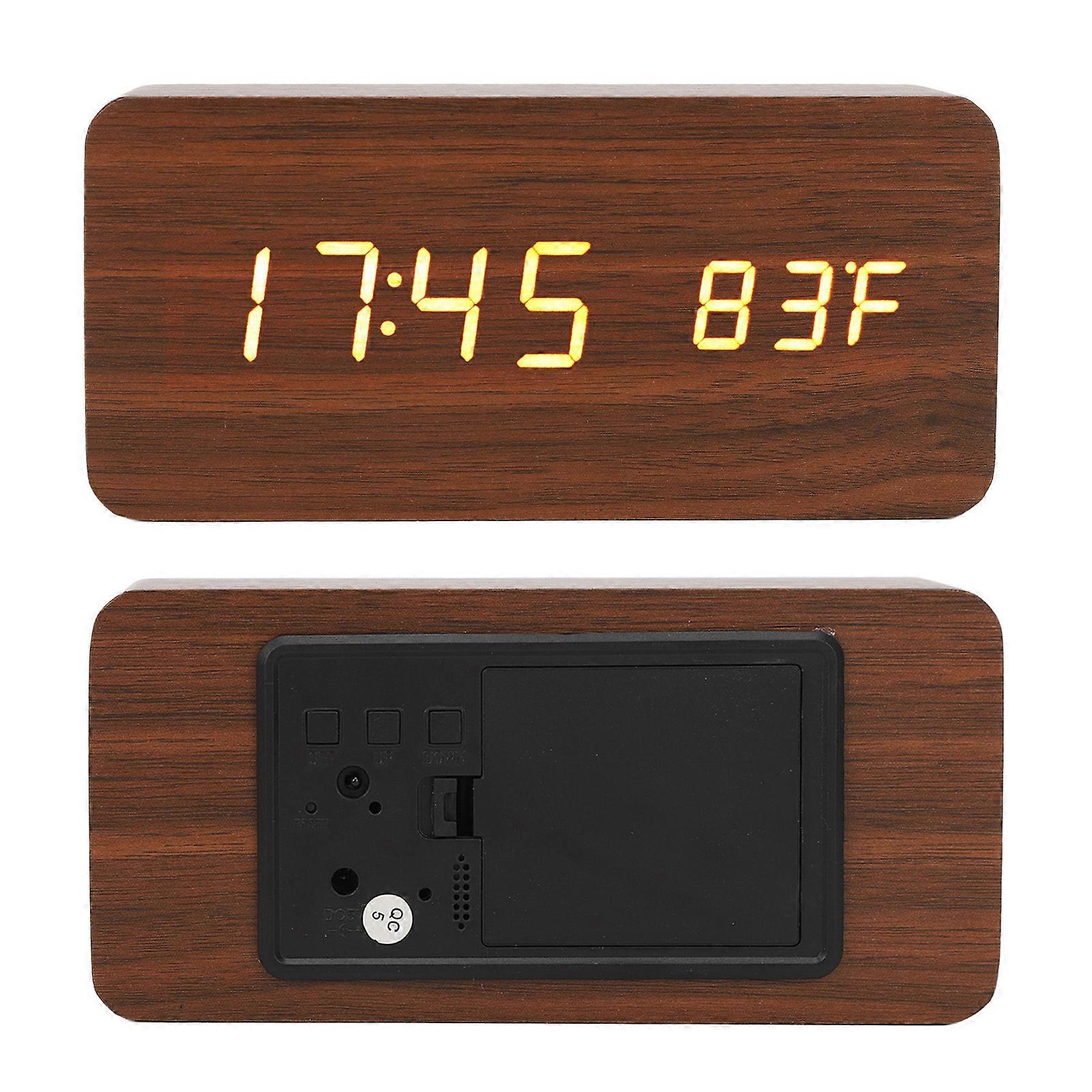 LED Wood Digital Alarm Clock 3 Level Brightness Electronic Clock with Temp Humidity Display for Bedroom Office 