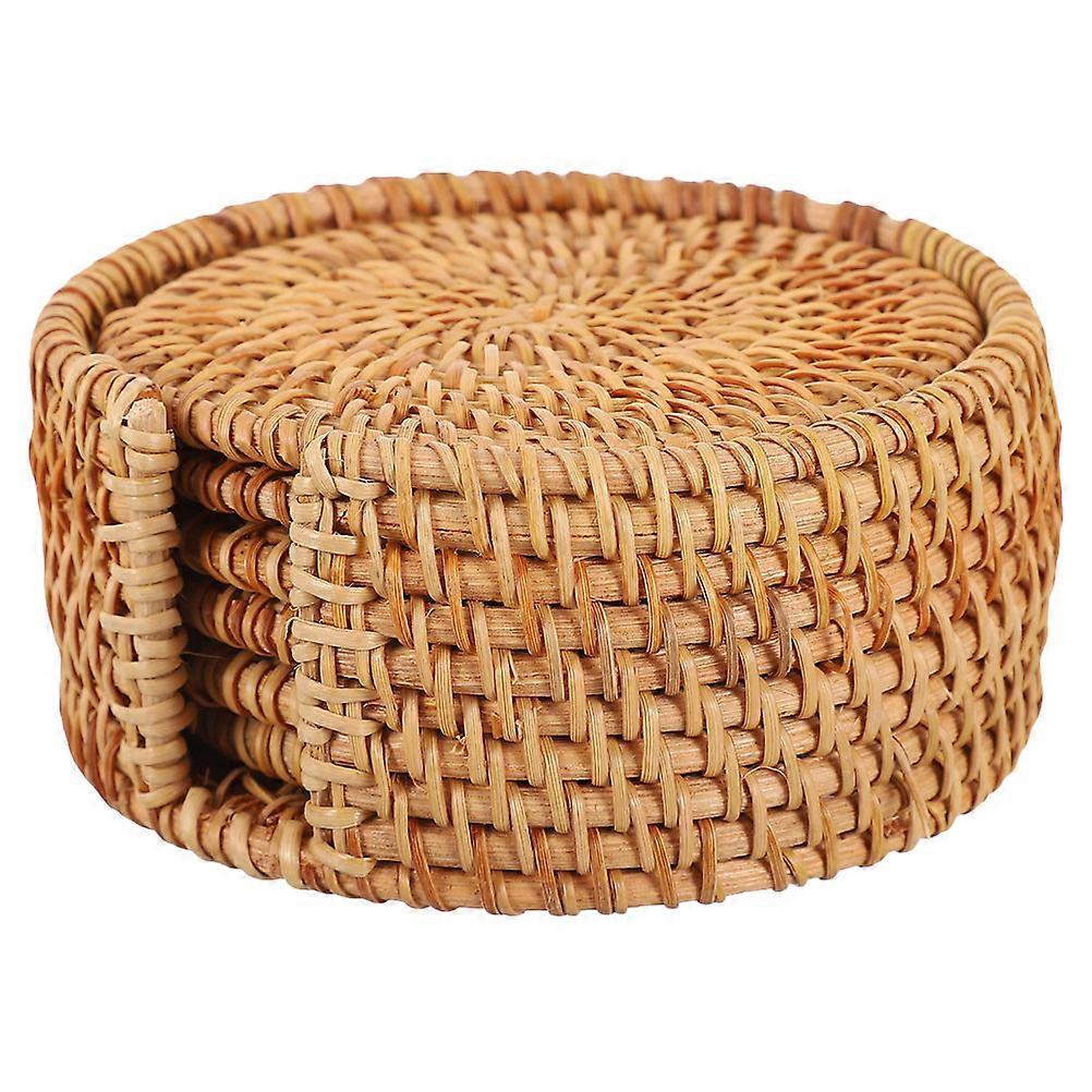 Rattan Coaster Set with Holder Lightweight Brown for Home Use Reliable Heat Insulation 1 Set