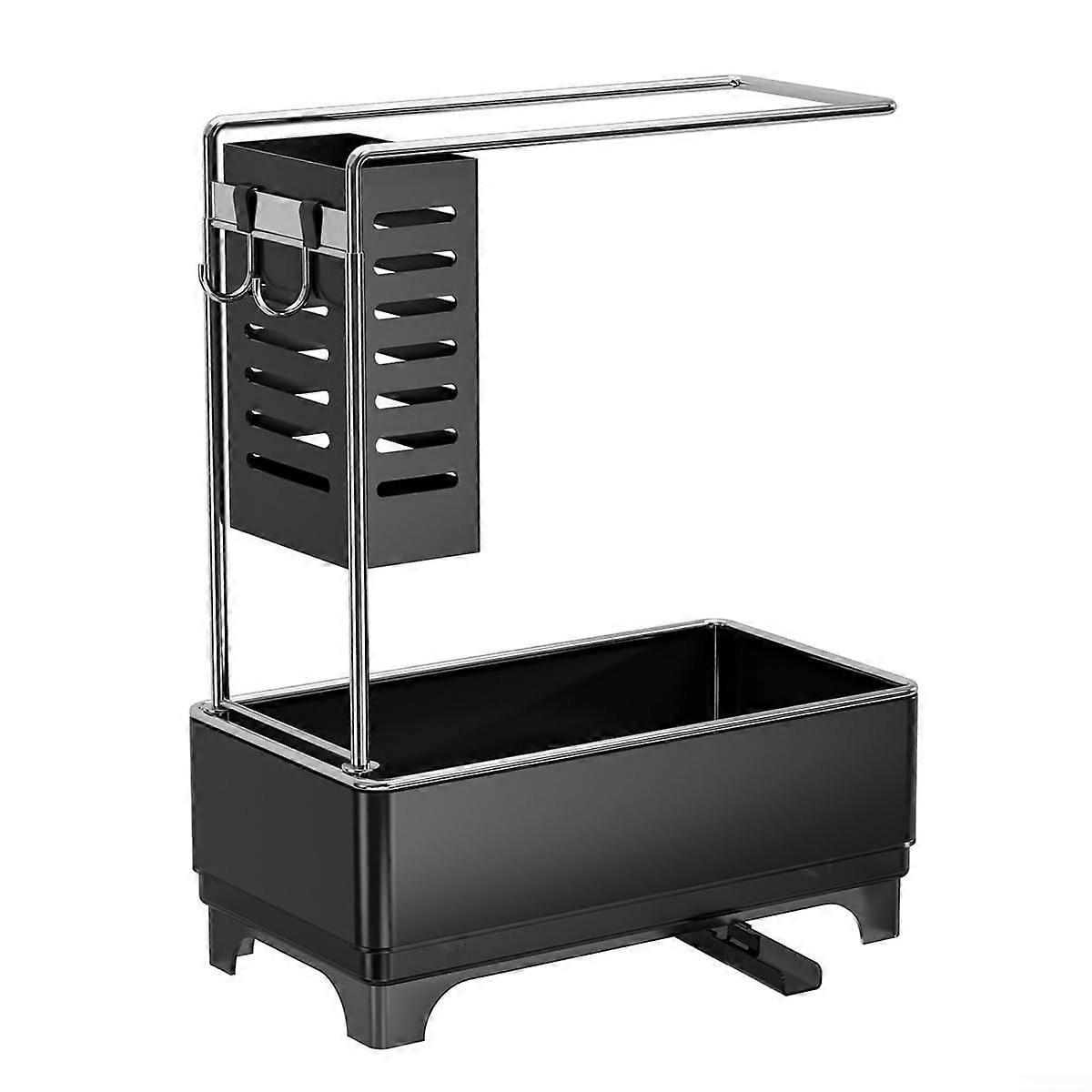 Kitchen sink rack with towel bar, soap dispenser, and sponge holder for optimized countertop storage (black)