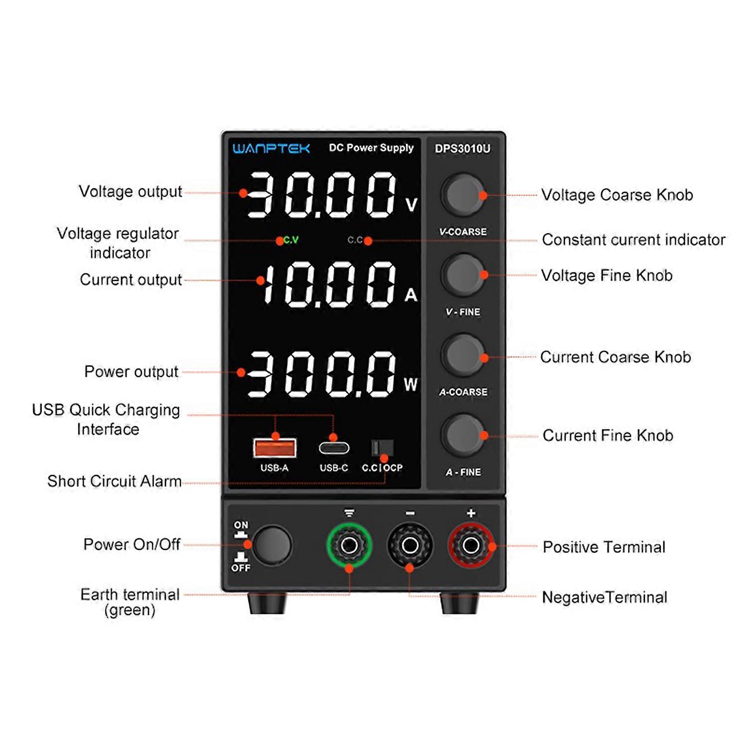 WANPTEK DPS3010U 0-30V 0-10A 300W Switching DC Power Supply 4 Digits Display LED High Precision Adjustable Mini Power Supply AC 115V/230V 50/60Hz