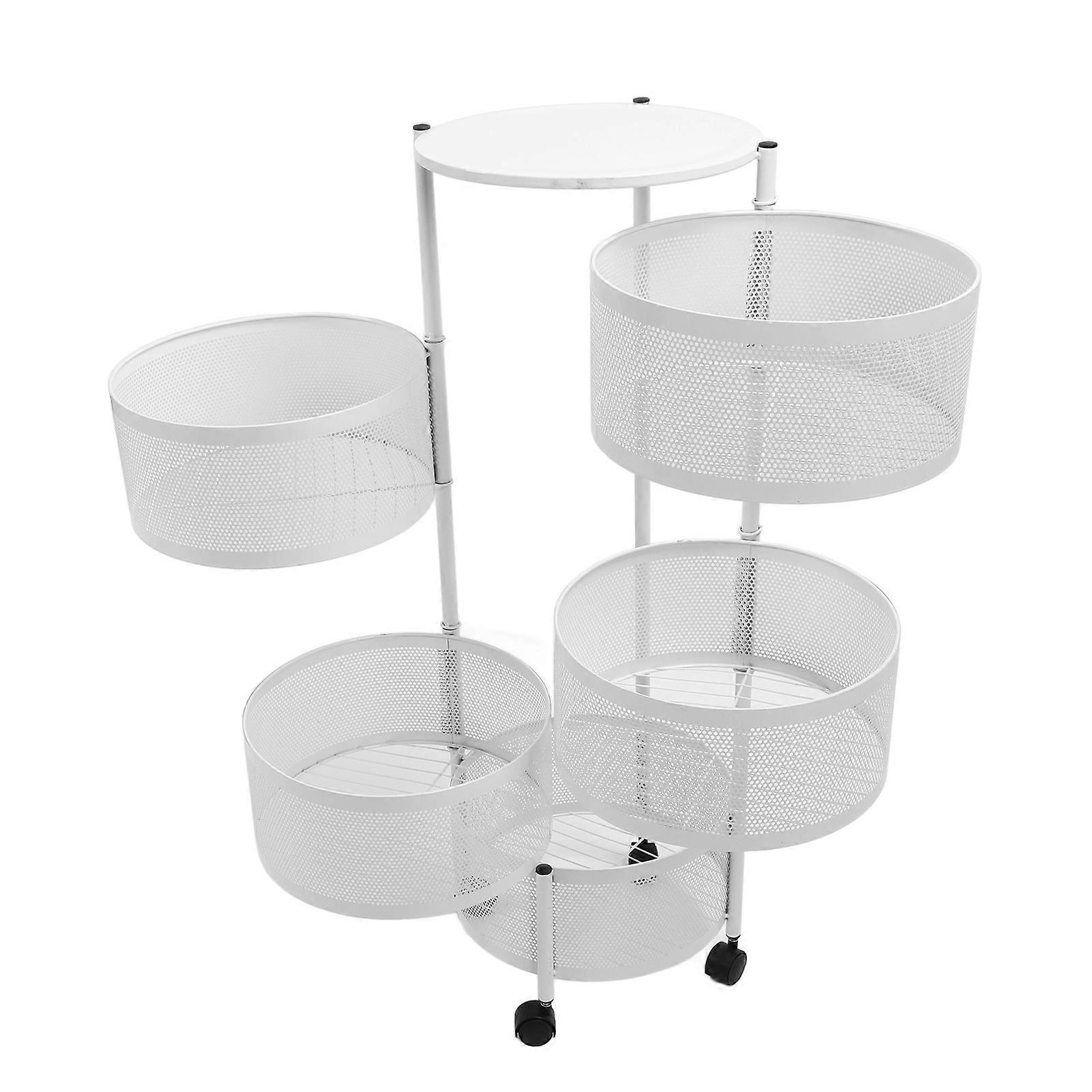 5-Layer White Kitchen Rotating Storage Rack Carbon Steel with Wheels