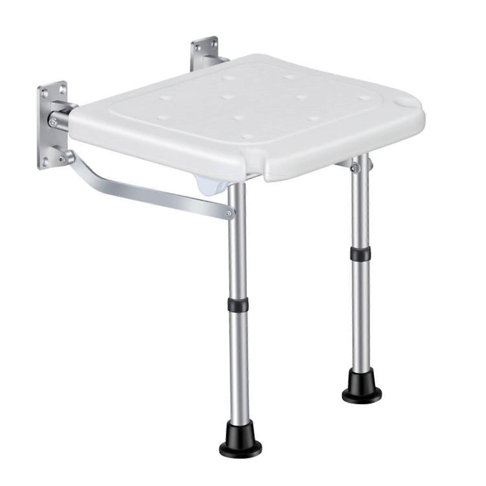 Wall Mounted Folding Shower Bench With Drainage Holes And Adjustable Height White And Silver For Elderly And Disabled