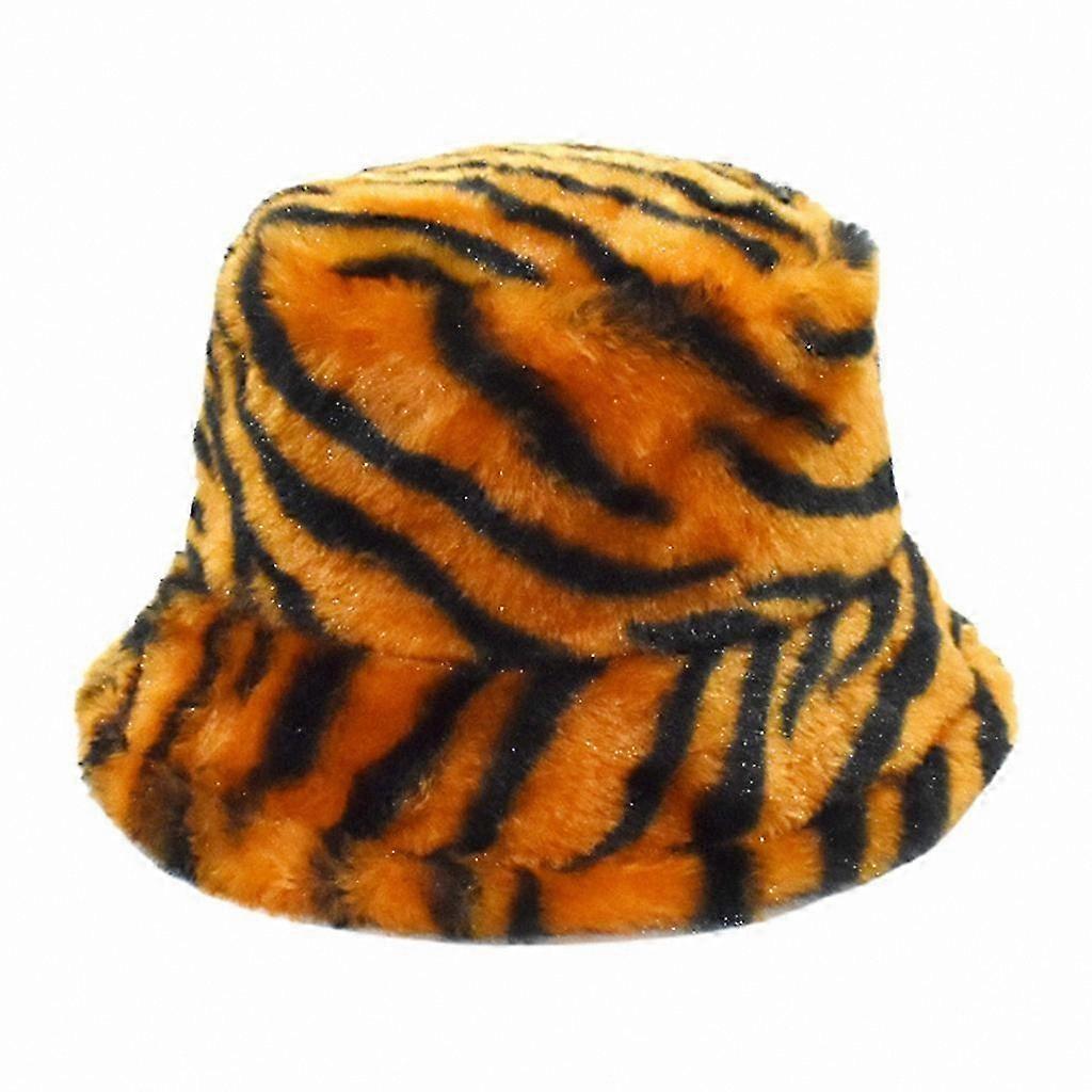 Winter Plush Basin Hat with Zebra Striped Design Faux Rabbit Fur Casual Fisherman Cap for Outdoor Use Soft Fluffy Warm Cap Unisex Stylish Accessory