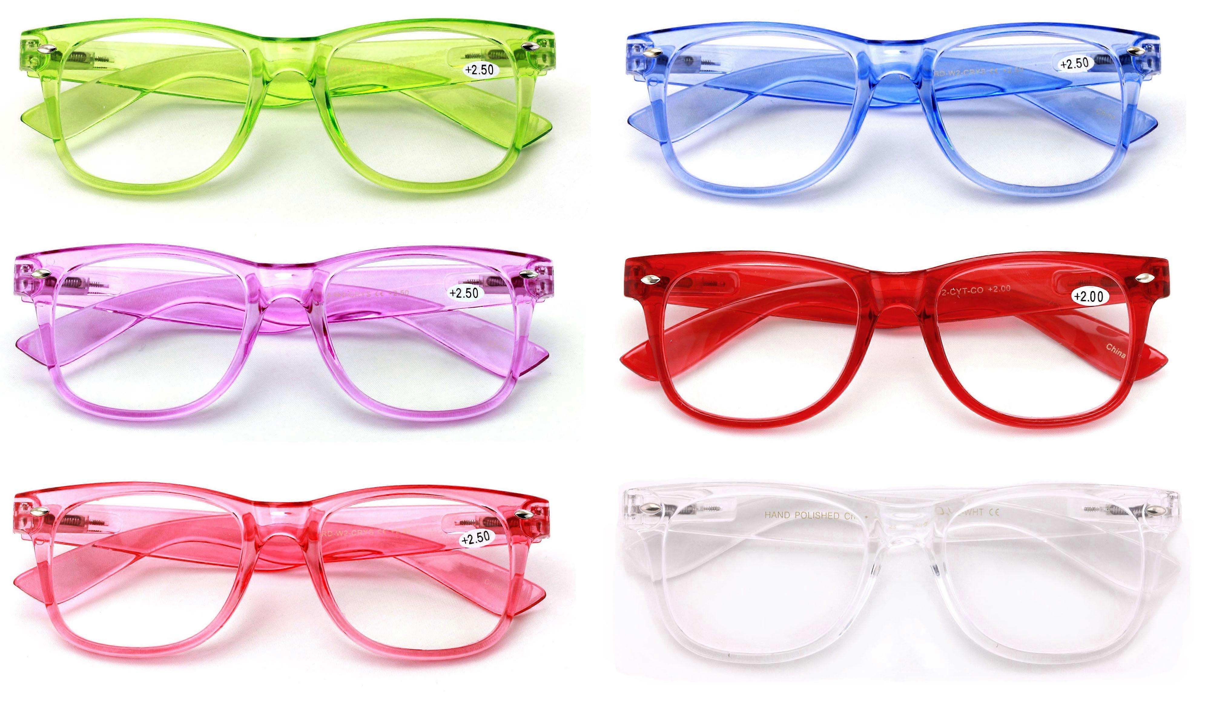 6 Pairs of Classic Comfortable Reading Glasses - Spring Hinge Neon Color Clear Lens Readers