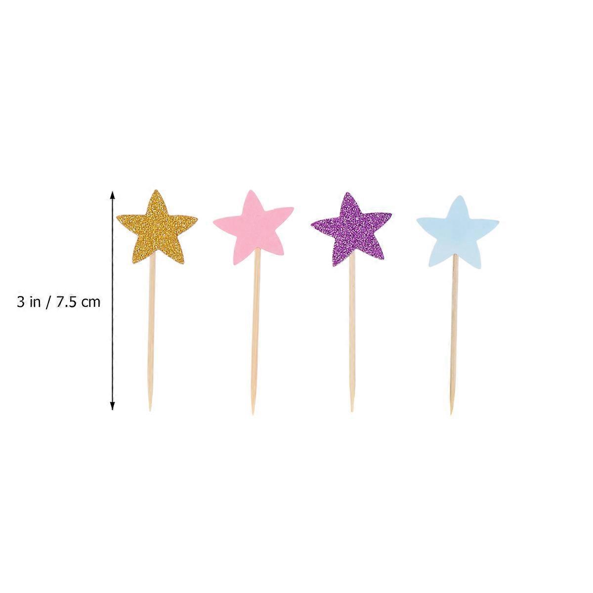 Cake Picks Star Cake Topper Party Supplies Bamboo Wood Assorted Color Decoration 60Pcs