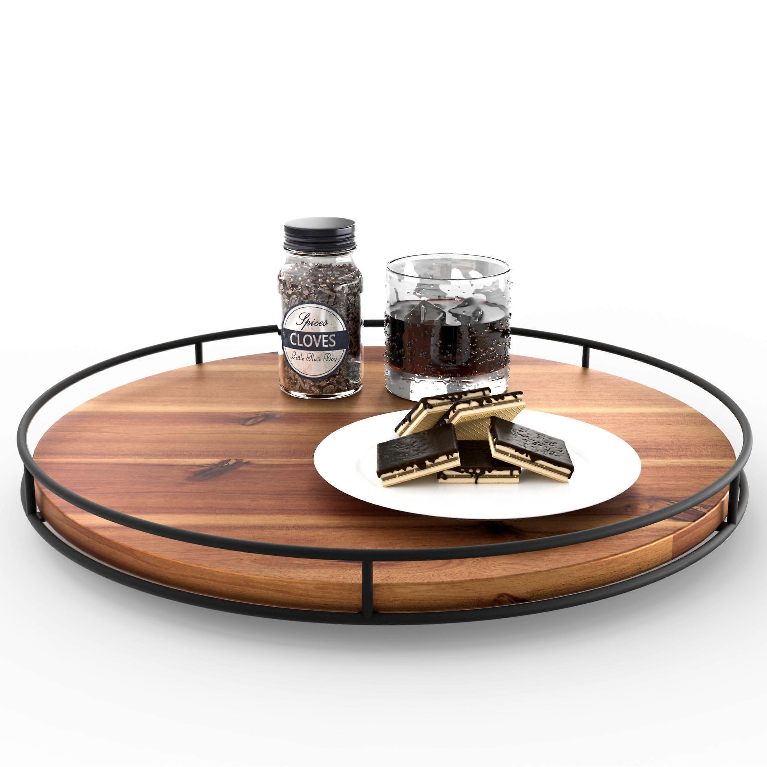 Acacia Wood Lazy Susan Turntable With Metal Frame, 16 Inch, Large Countertop Organizer, Charcuterie Cheese Board Tray