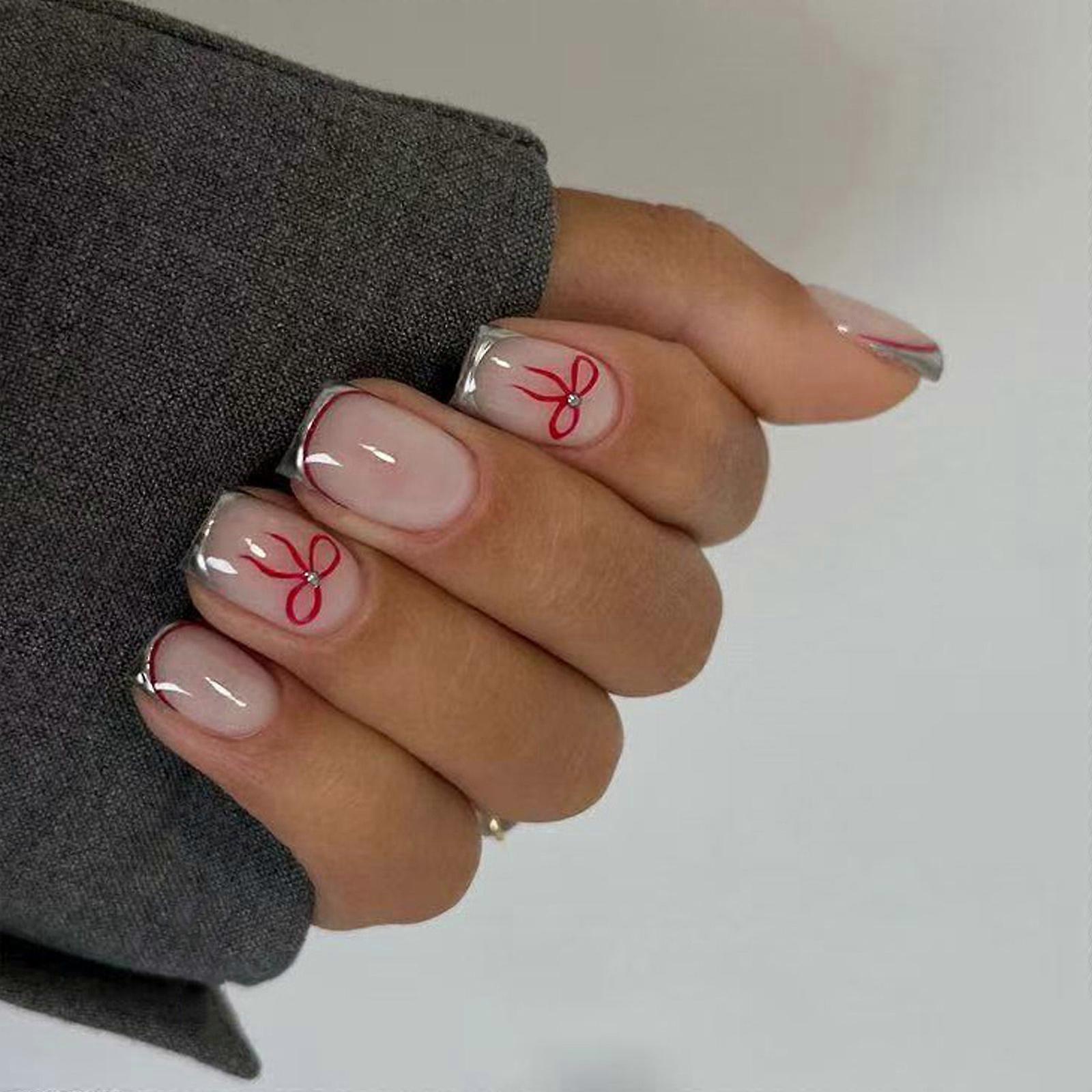 24 st mandel press-on nagel rosett design franska lösnaglar akryl lösnaglar, konstgjorda nagellim på nageln för kvinnor flerfärgade