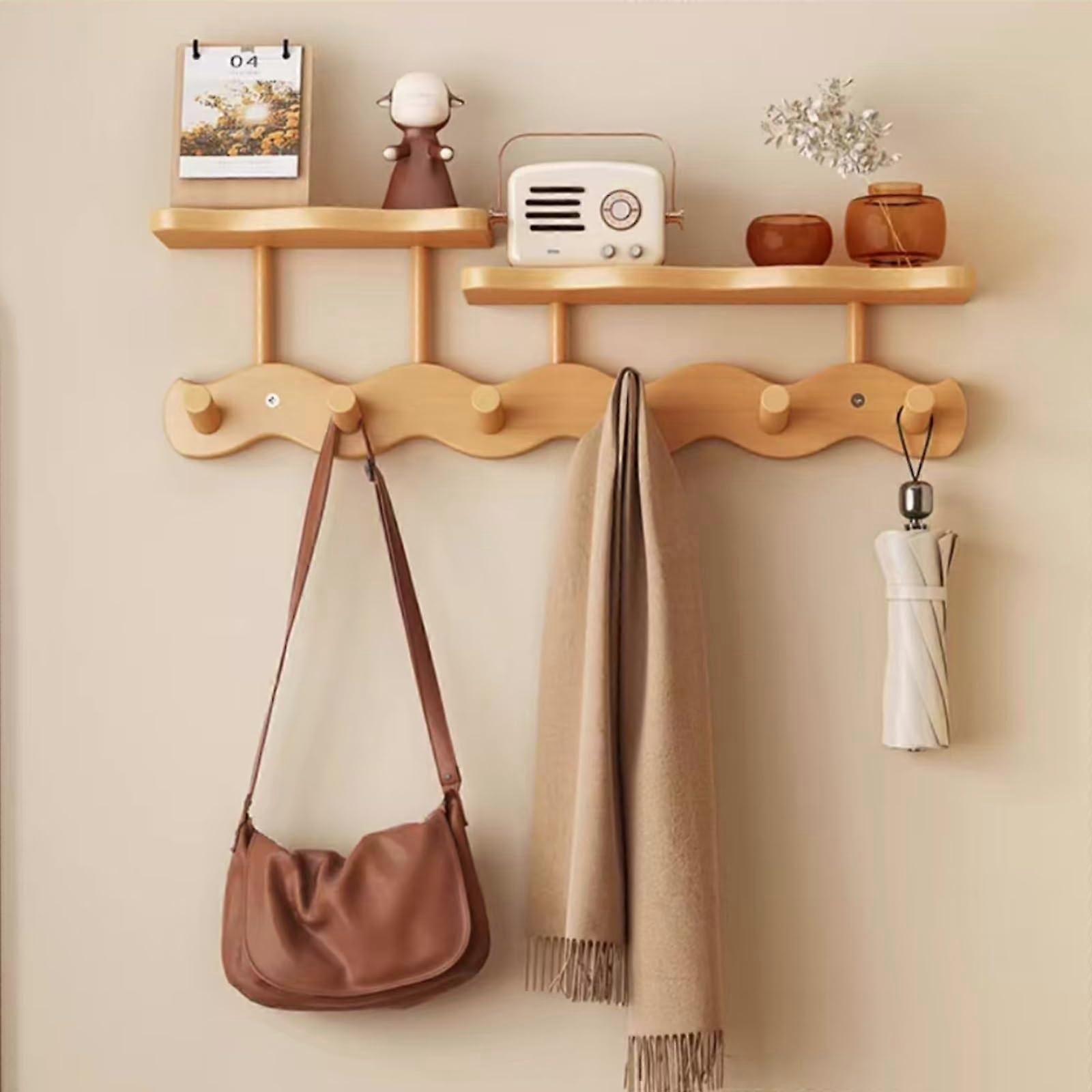 Solid Wood Floating Shelves With Hooks 52cm WallMounted Coat Rack Original Wood Color