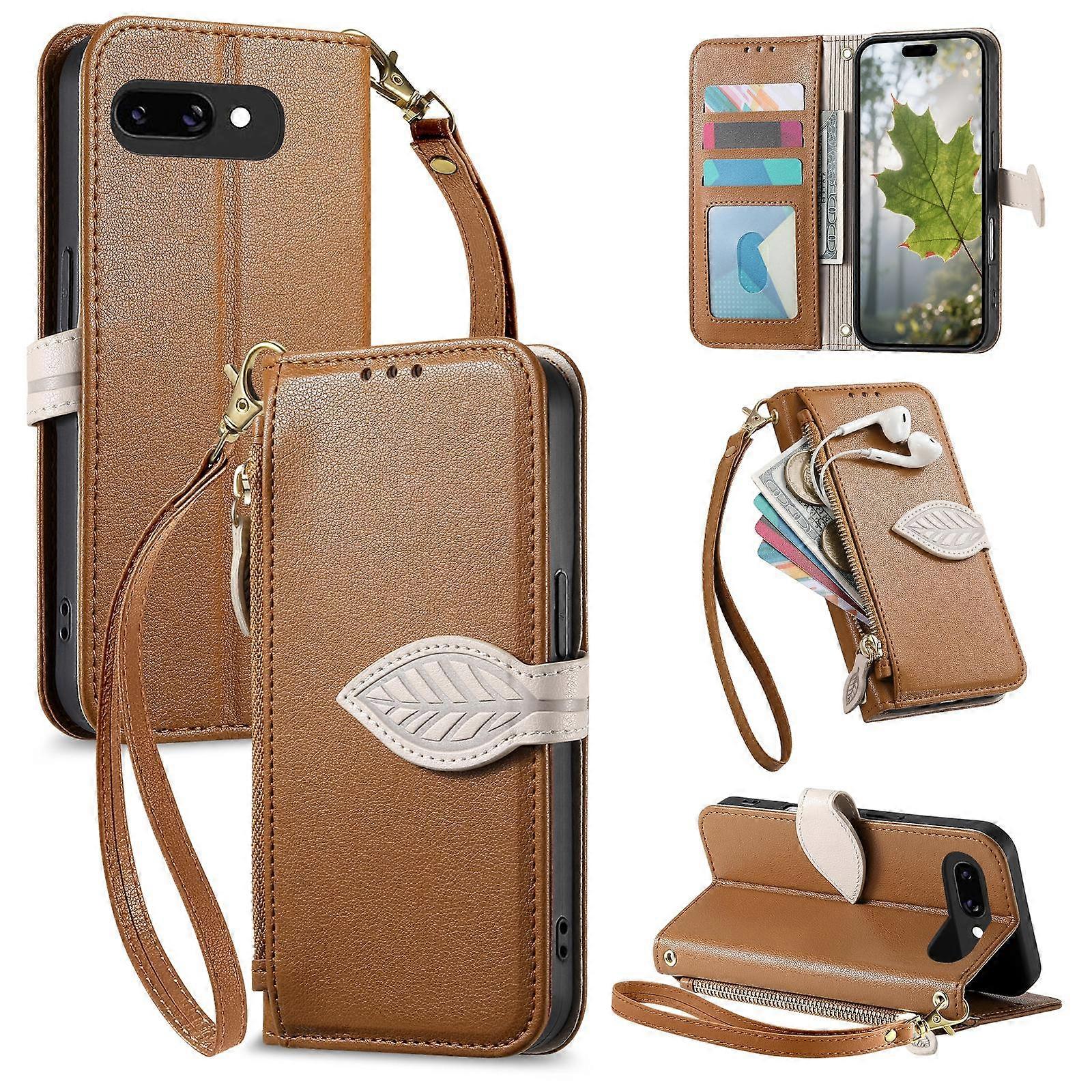 Leaf Buckle Zipper Wallet Leather Phone Case with Strap