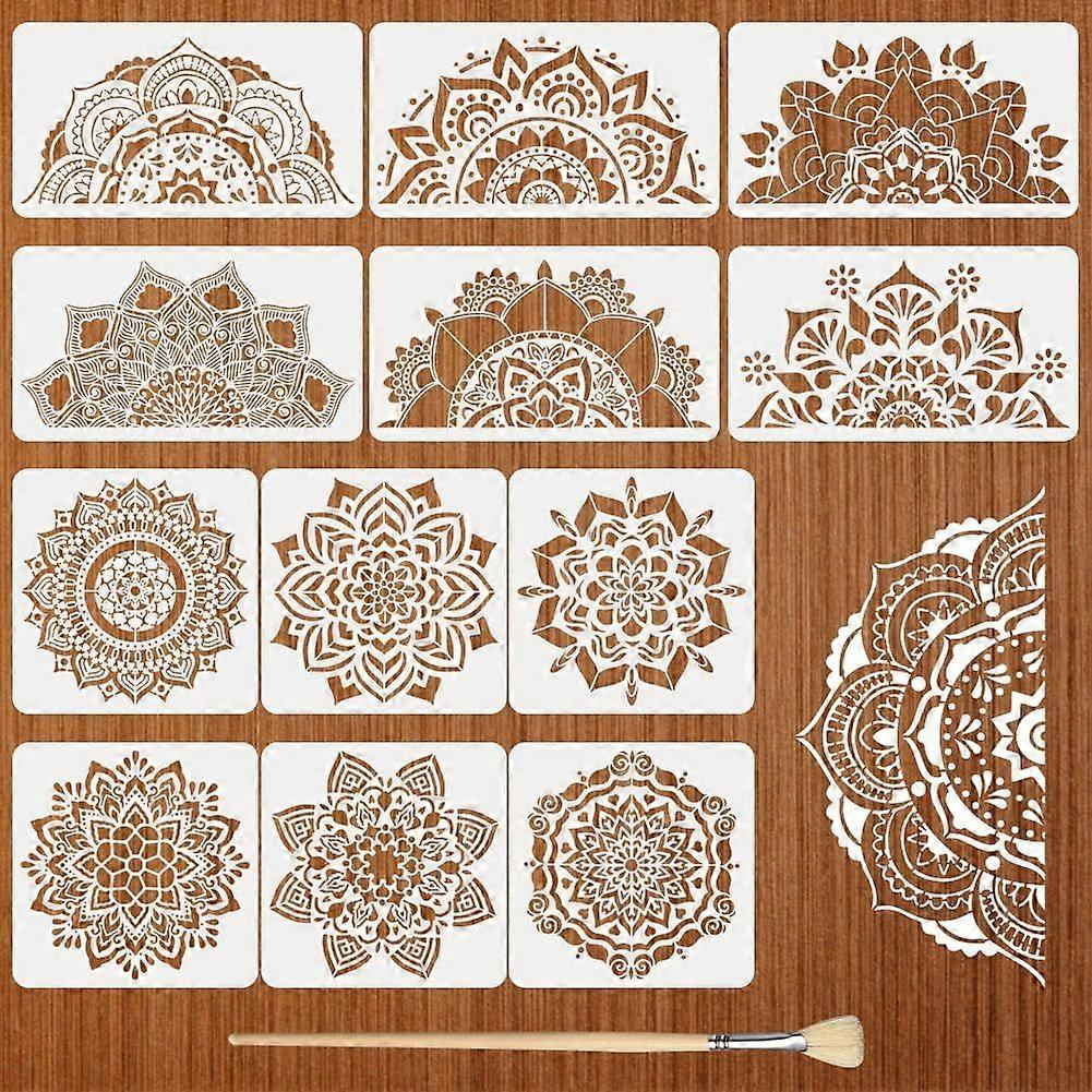 12Pack Large Mandala Stencils for Painting on Wood 18x10 in and 12x 12 in Damask Stencils for Walls Reusable Floral Texture Stencil with Brushes Drawi