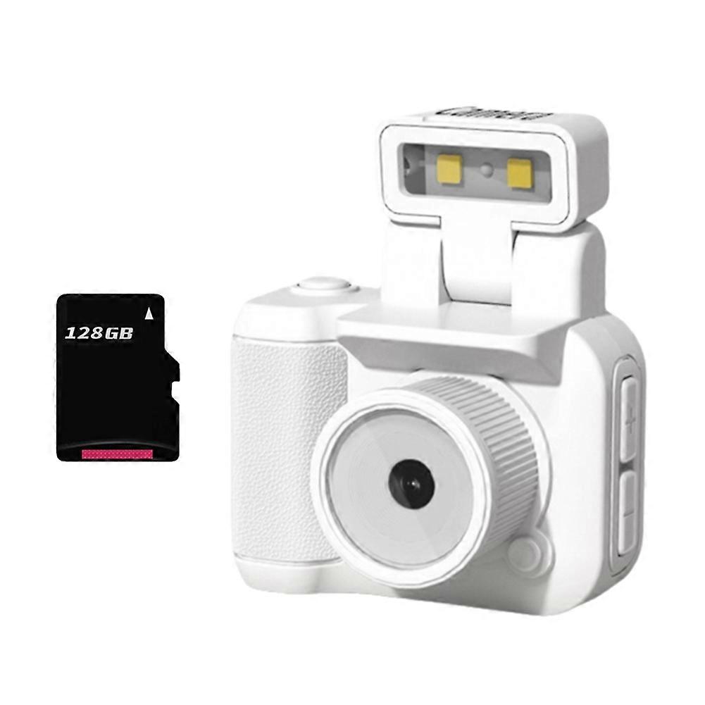 Mini SLR Style Camera Cmos 128GB with Flash Light & Charging Dock Portable Video Recorder DV 1080P with LCD Screen White