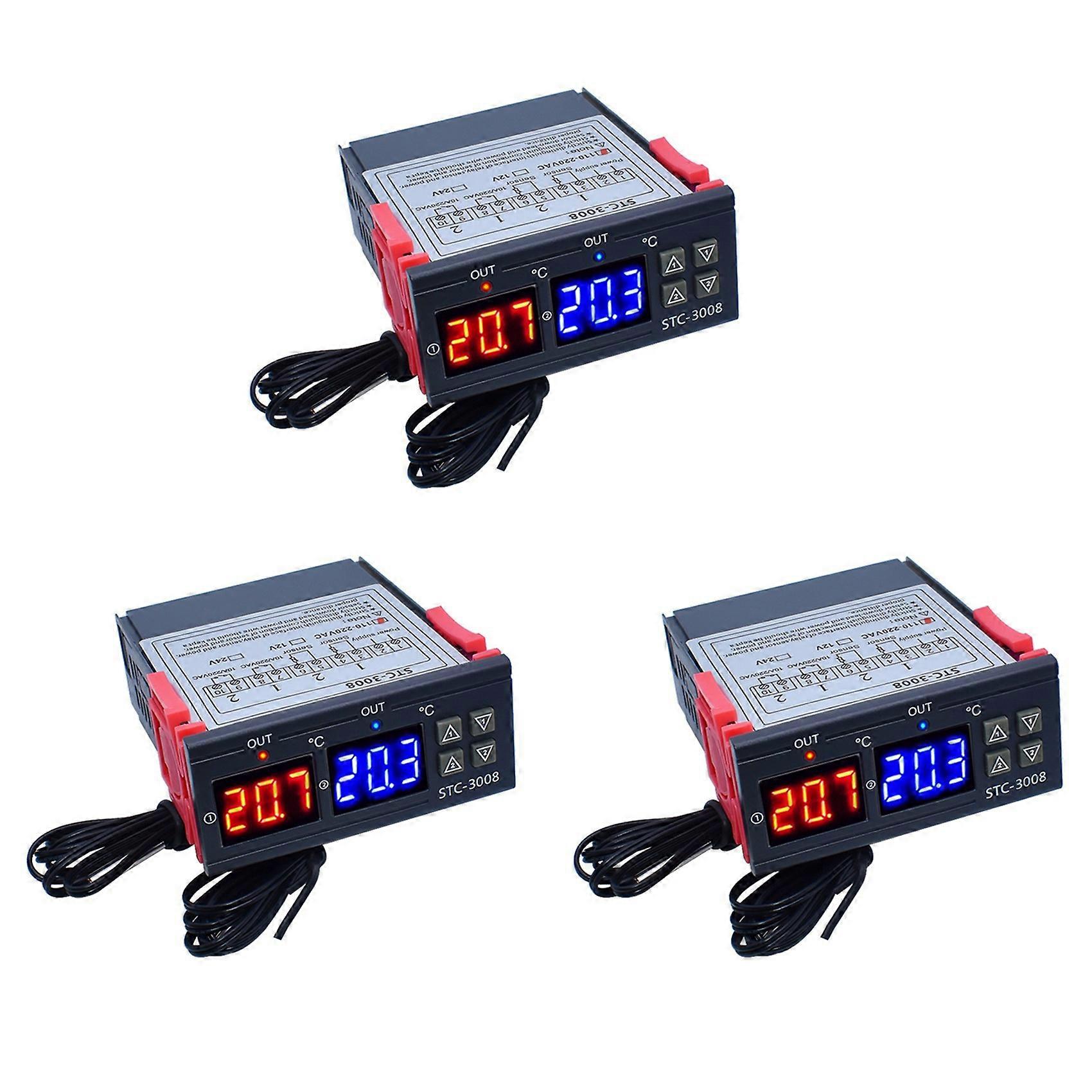 3X Dual Digital STC-3008 Temperature Controller Two Relay Output Thermostat Heater with Probe Temperature Controller,B
