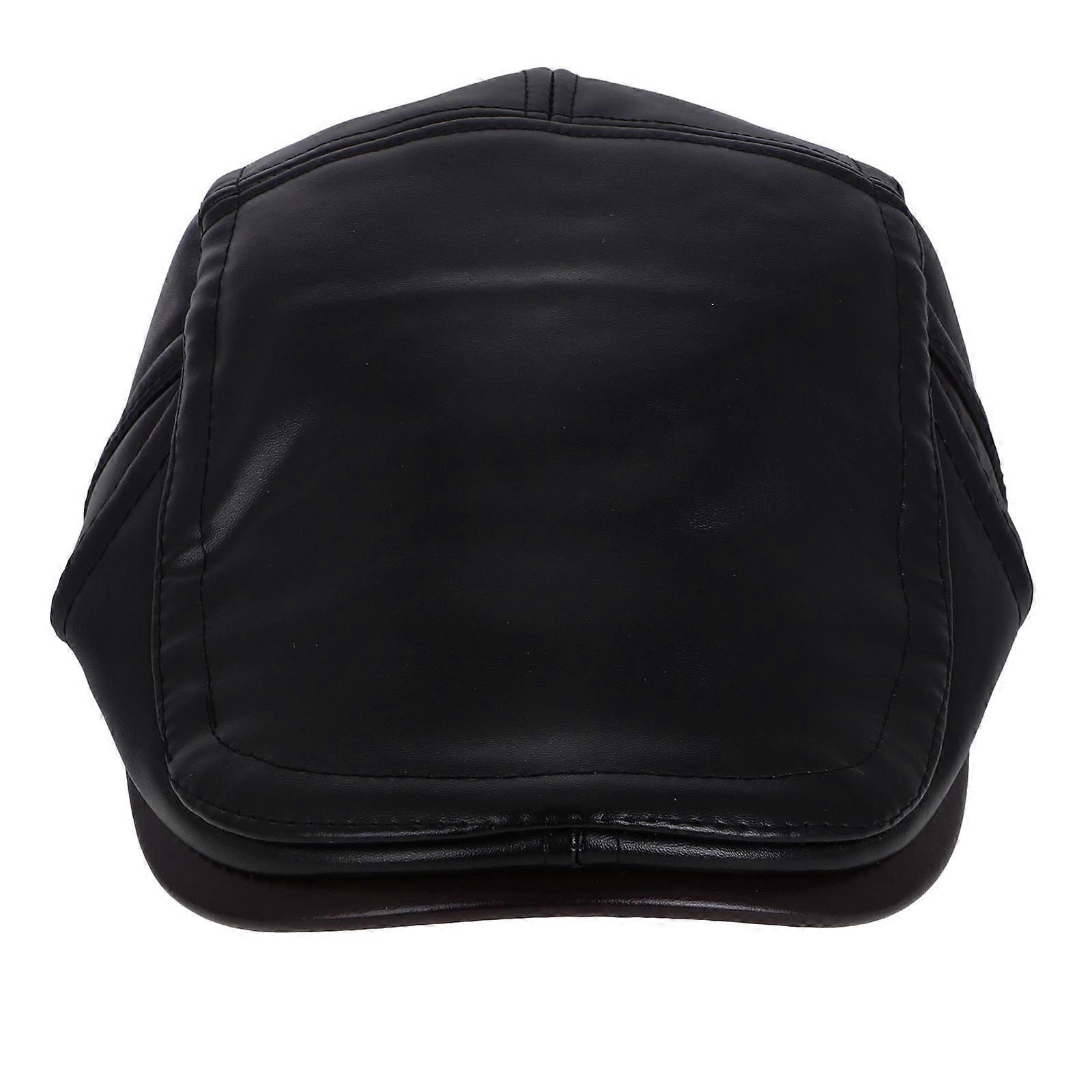 Men's Cold-Proof Hat Newsboy Cap with Earflaps Black PU Material