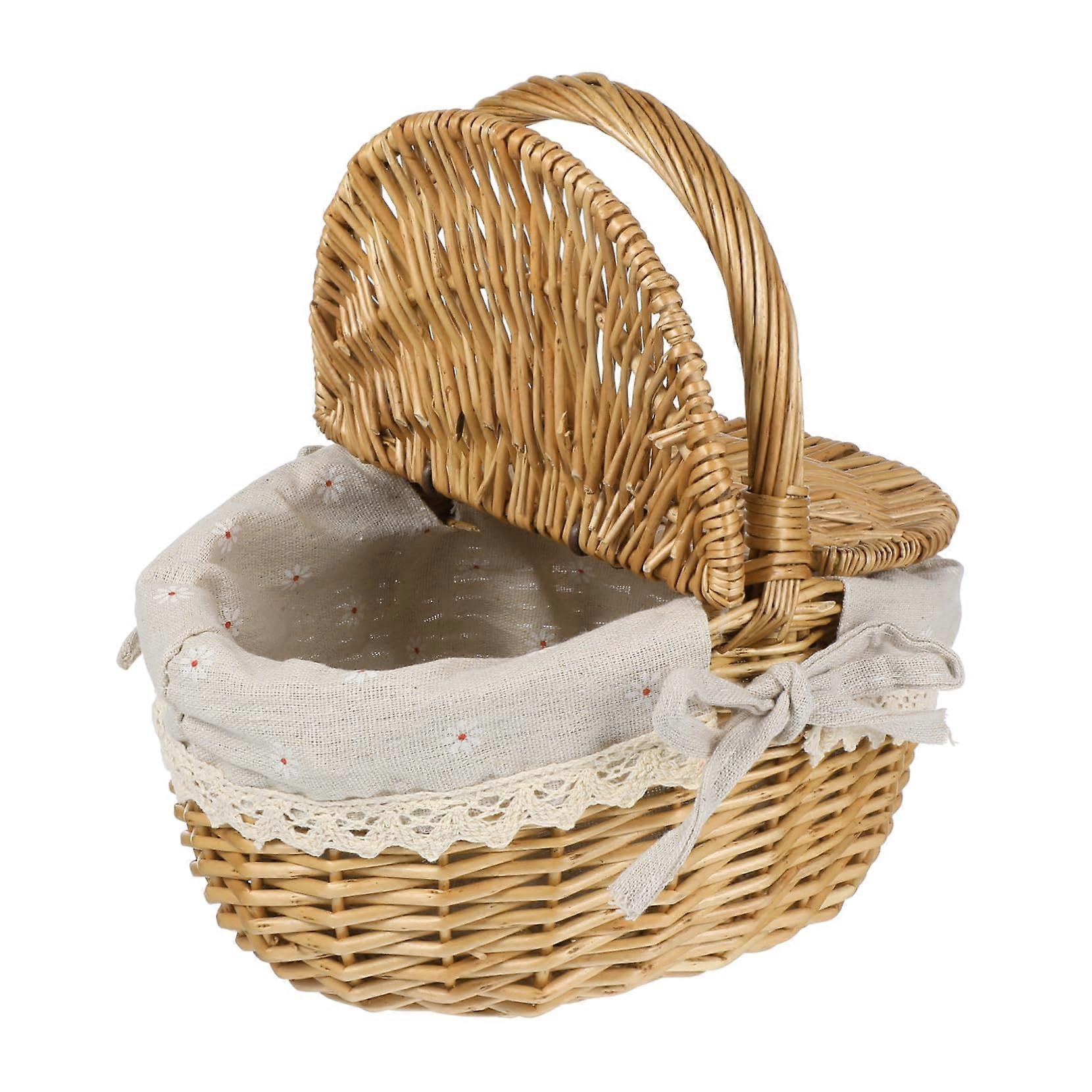 Wicker Storage Basket Handwoven Rattan with Linen for Picnic Fruit Bread Vegetable Organization