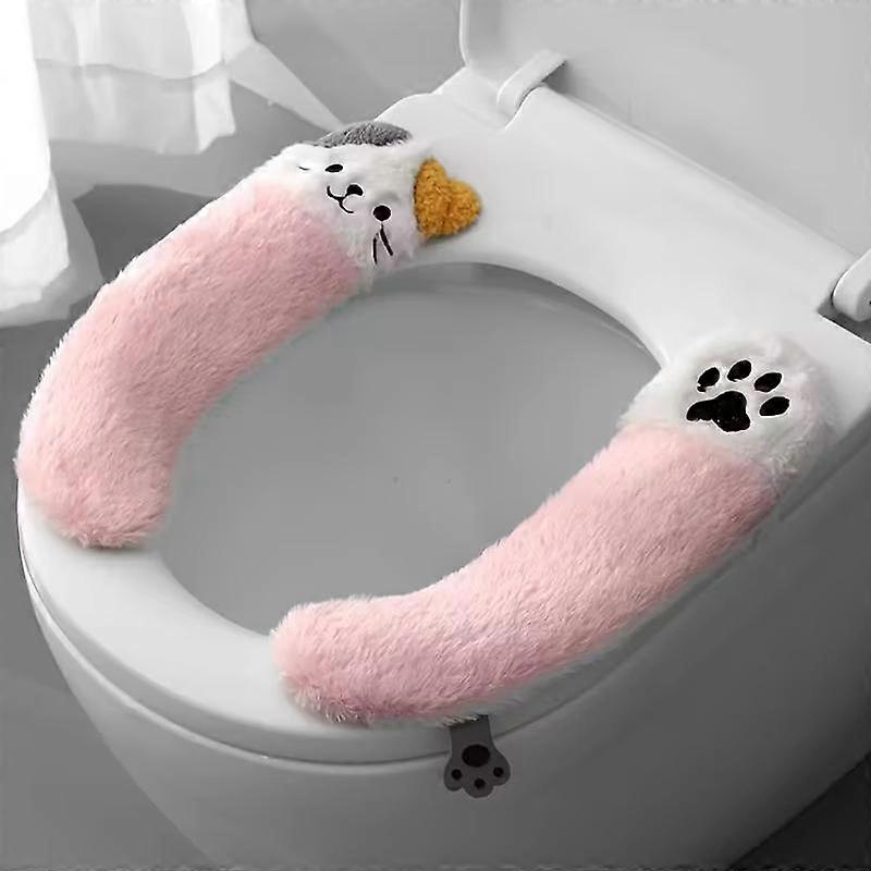 1 Set Thickened Warmth Built-in Handle Gift for Cat Lovers Toilet Seat Cute Cat Design Comfortable Plush Soft Multi-Color
