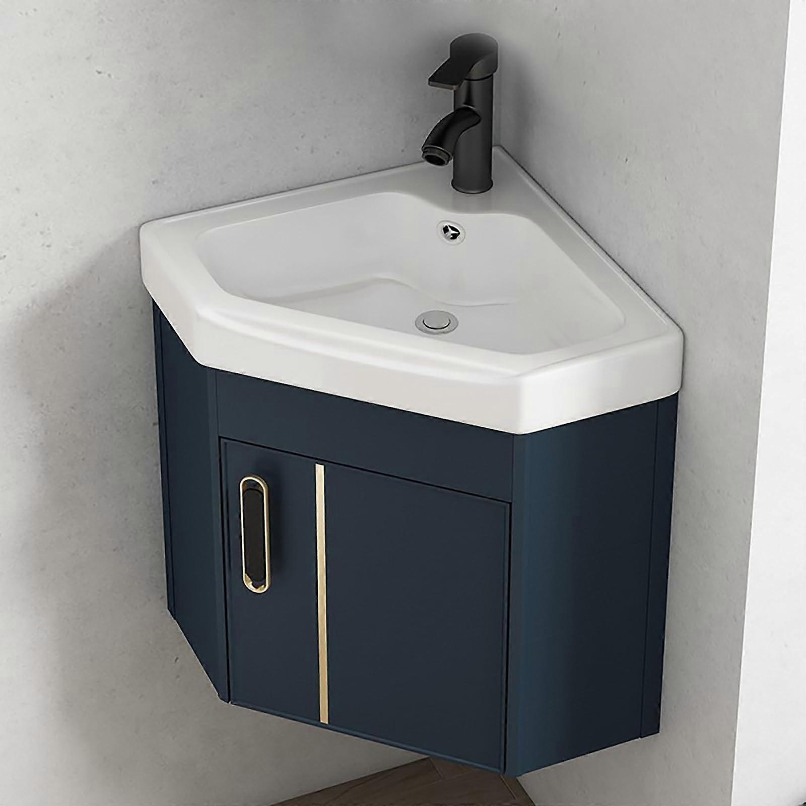Corner Wall Mounted Bathroom Sink with Storage, SpaceSaving Ceramic Basin, 14in Blue