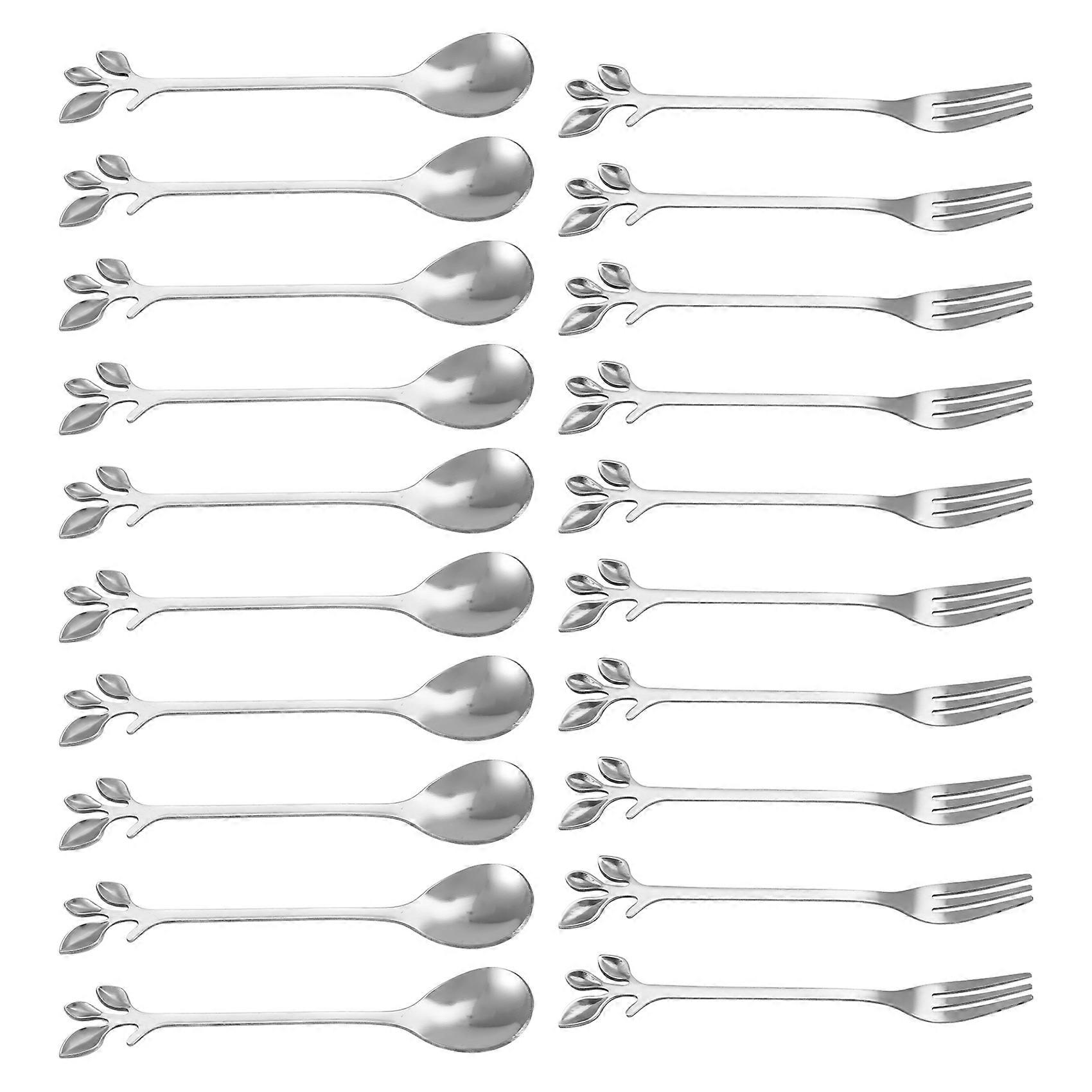 Dessert Spoon Fork Set,20 Pcs 4.7 Inch Cake Fork,Coffee Spoon,Creative Silver Leaf Fruit Fork,(10 Spoon + 10 Fork)