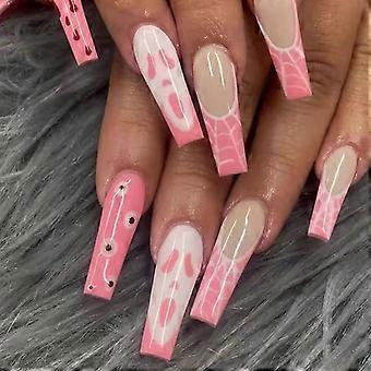 Halloween Coffin Press On Nails Set Pink Long Acrylic Fake Nails with Glue 24pcs 12 Sizes