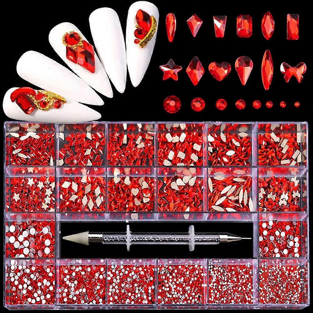 Bright Red Nail Art Rhinestones Set with 21Grid Box, 600 Large Diamonds and 2500 Flatbacks