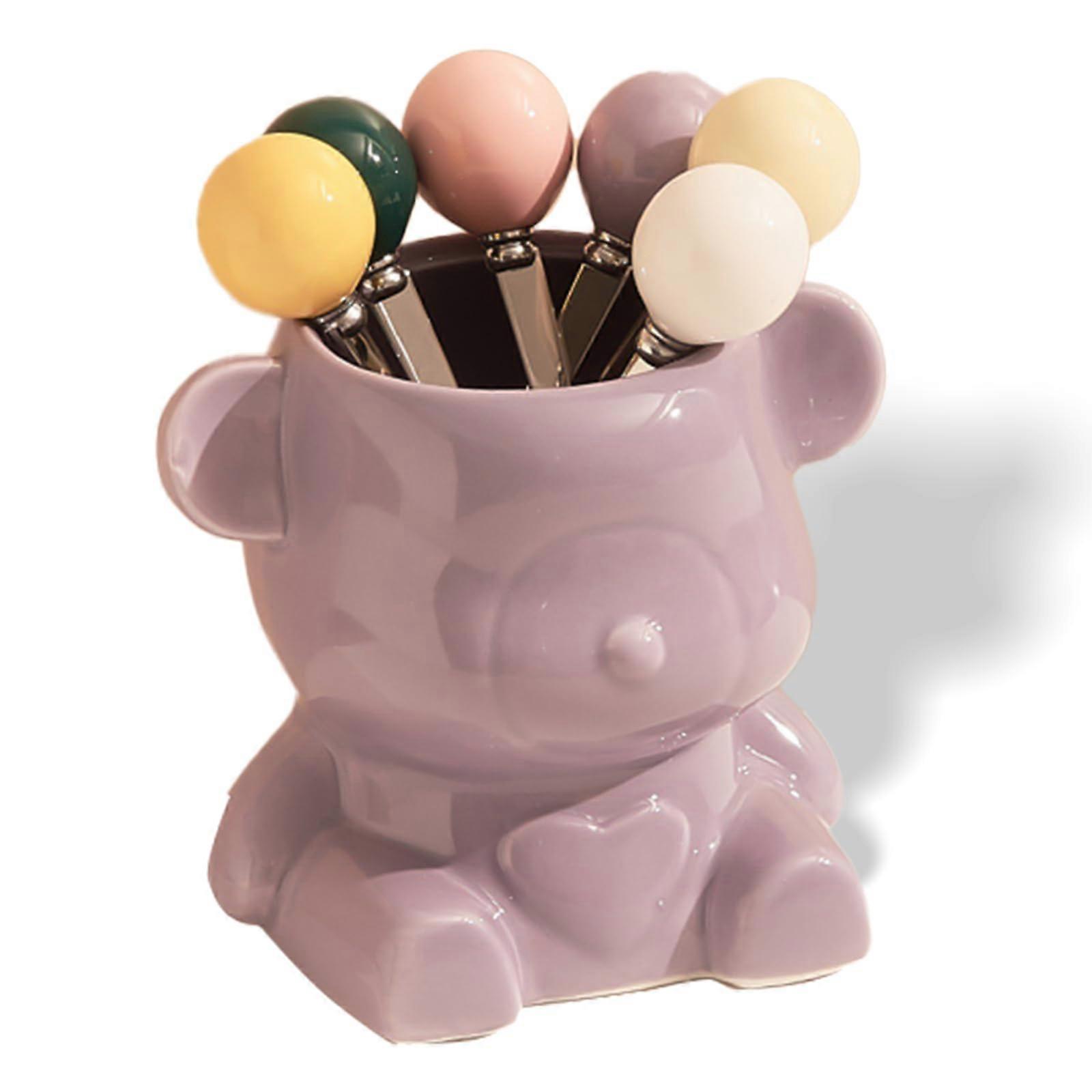 Ceramic Bear Fruit Fork Holder Set with Colorful Forks for Snacks and Desserts Purple