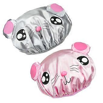 Reusable Waterproof Shower Cap for Women and Kids, Elastic Satin Hair Cap, Grey and Pink 2 Pack