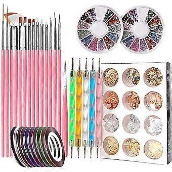 Nail Pen Designer, Nail Art Tool With 15pcs Nail Painting Brushes, Nail Dotting Tool, Nail Foil, Manicure Tape, Color Rhinestones Compatible With Nail