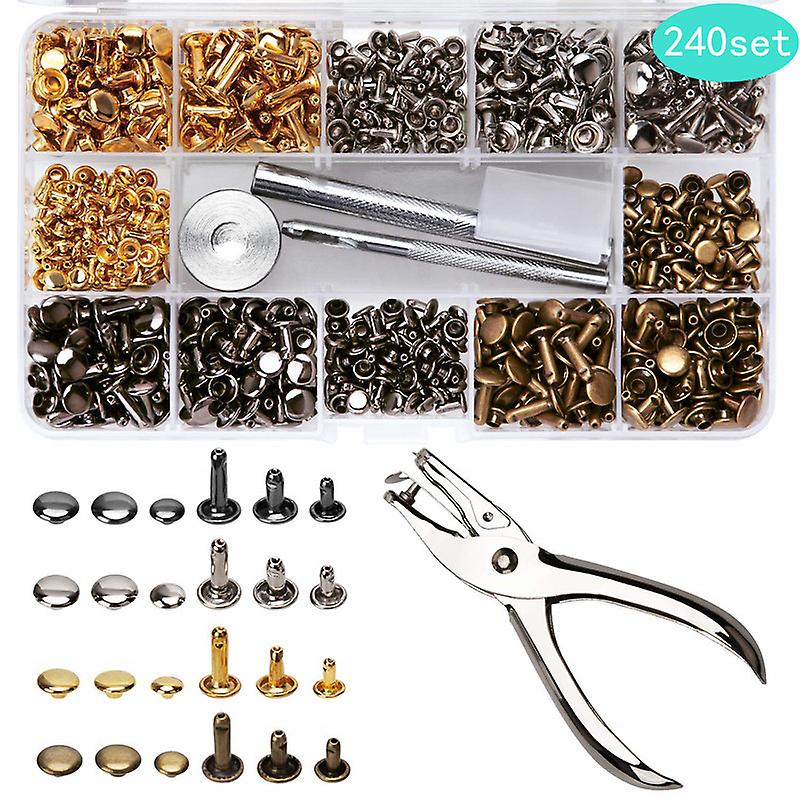 240 Pcs Leather Rivets Double Cap Rivets Kit With 3 Pc Fixing Tool Kit
