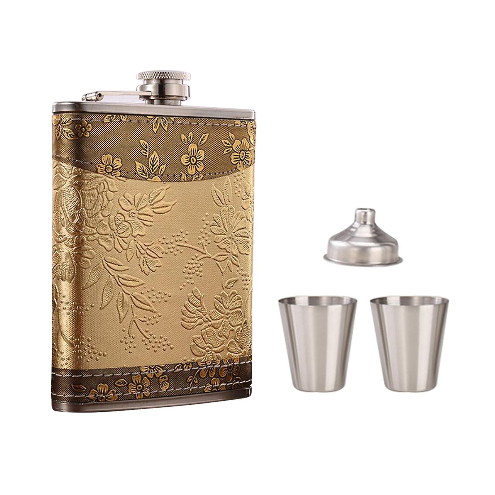 Portable Hip Flask Set Funnel Cups Liquor Alcool Acier inoxydable Jaune 13.5x9cm