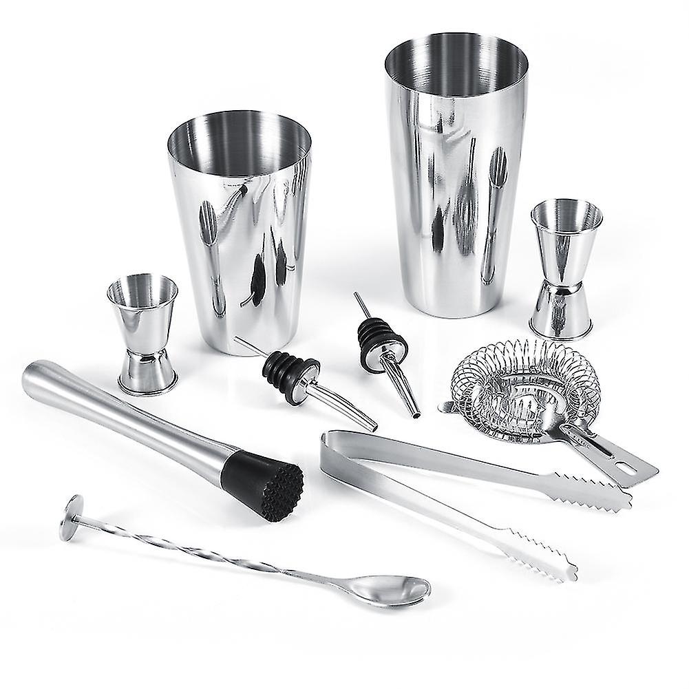 10Pcs Stainless Steel Cocktail Shaker Set Ice Tong Mixing Spoon Pourers Bar Tools