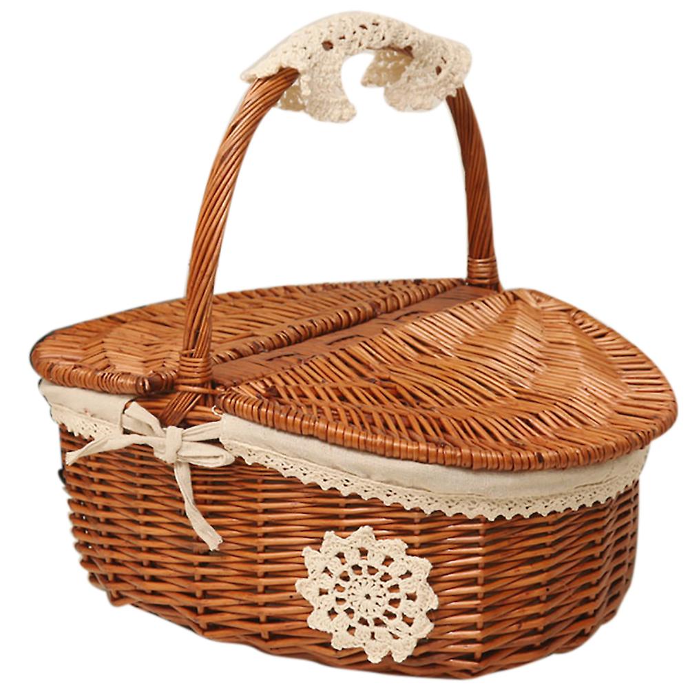 Picnic Basket Handmade Camping Wicker Picnic Basket Shopping Storage Basket with Lid and Wooden Handle