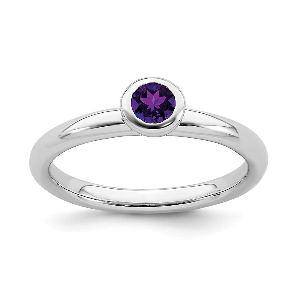 925 Sterling Silver Bezel Polished Stackable Low 4mm Round Amethyst Ring-Stackable-Ring for Women - Ring Size: 5 to 10