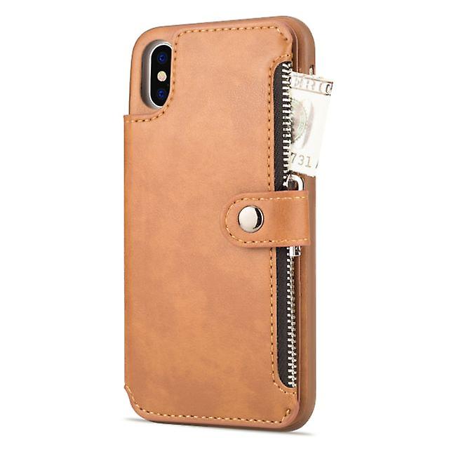 Zippered Leather Case for Apple iPhone XS - Brown