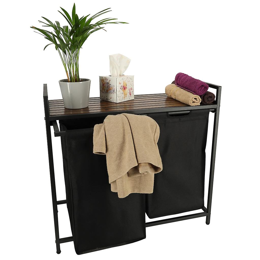 Two-compartment laundry basket with wooden table shelf rustic LOFT black