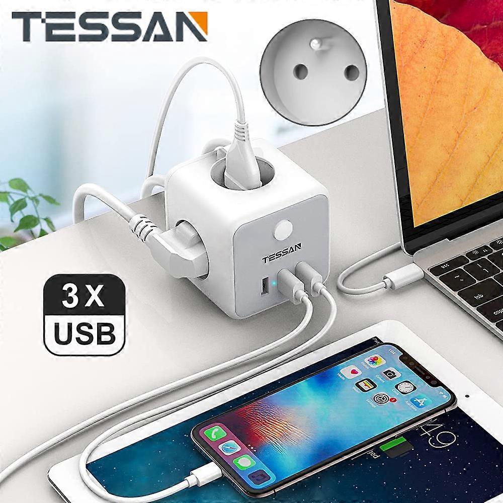 Tessan Fr - Cube Power Bar With 3 Outlets, 3 Usb Ports, 1.5m Extension, Power Strip Adapter With Switch For Home