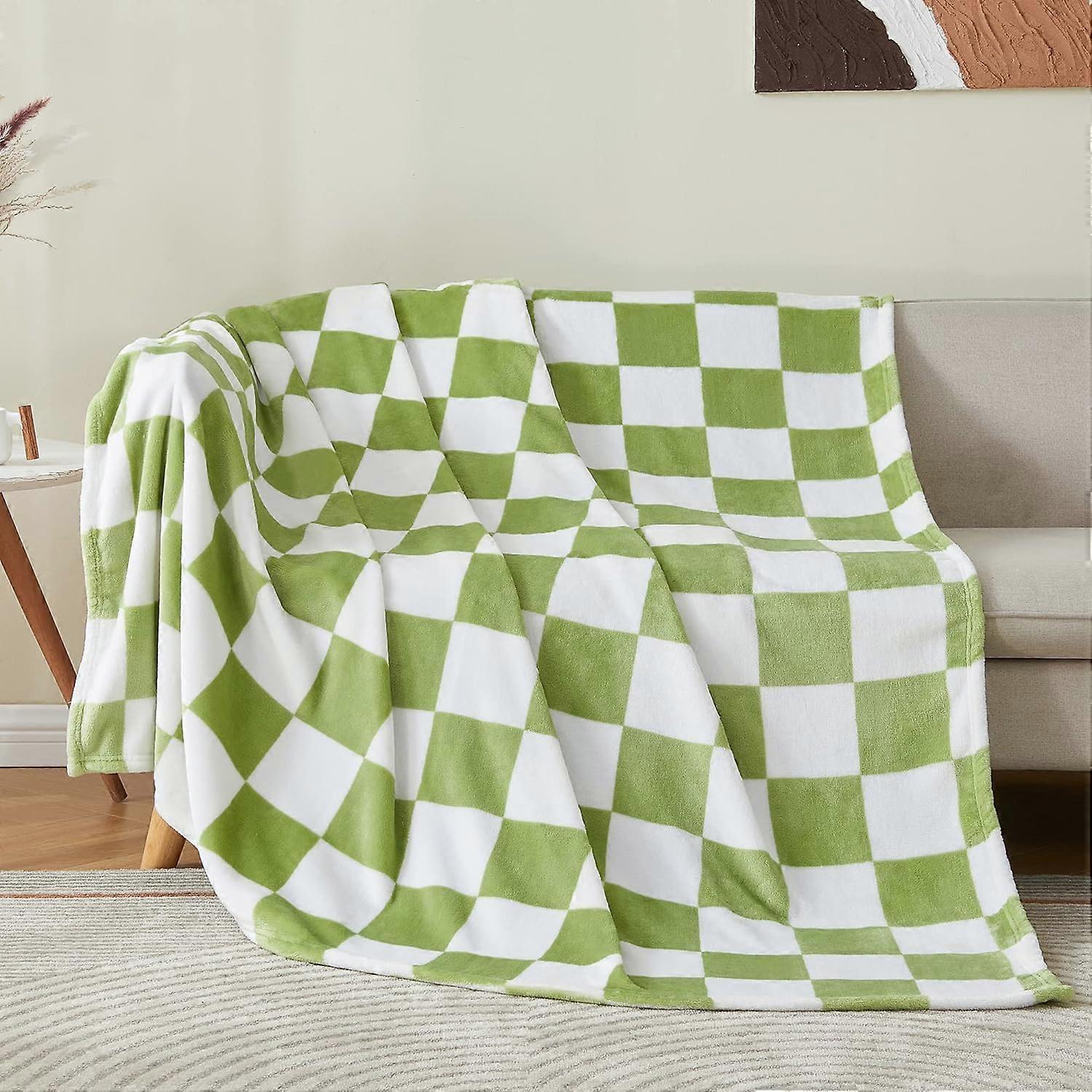 Checkered Throw Blanket for Couch and Bed, Luxurious Fleece Blanket with Checkerboard Grid Home Decor, Soft Cozy Green and White Throw Blankets for Sp