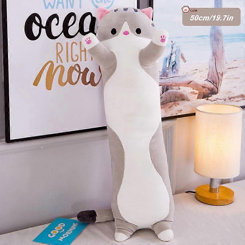 Cylindrical Cat Figure Pillow Soft Sleeping Animal Plush Doll Bedside Couch Cushion for Kids Adults 50 cm Long Gray New