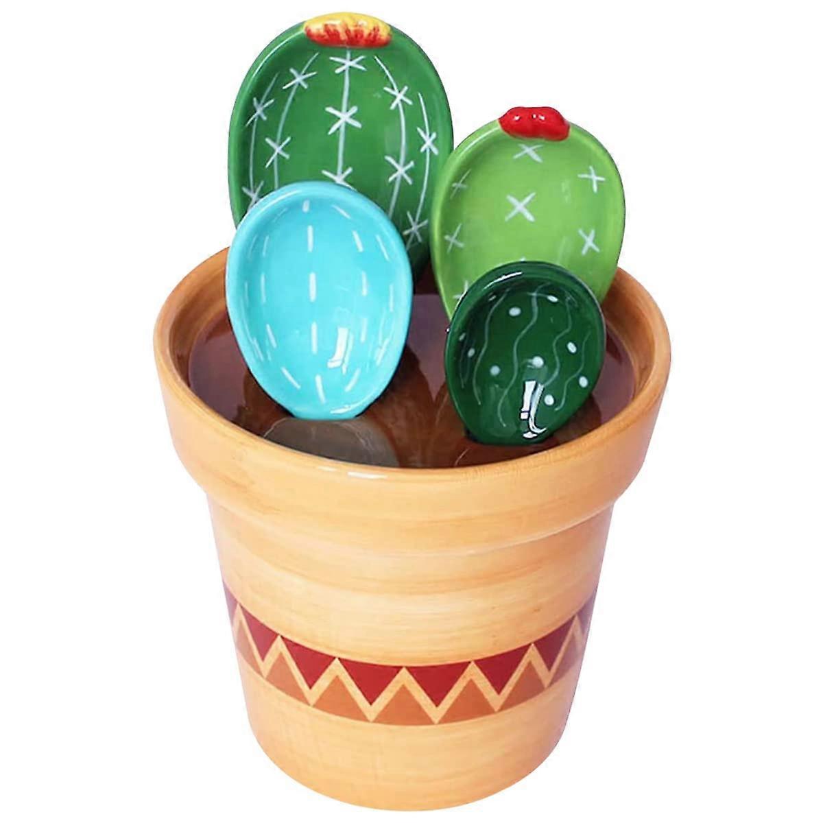 4Pcs Porcelain Measuring Spoons Set with Base Cute Cactus Shape Stirring Soup Spoon Reusable and Durable Ceramic Flower Pot Measuring Spoon Set for Ho