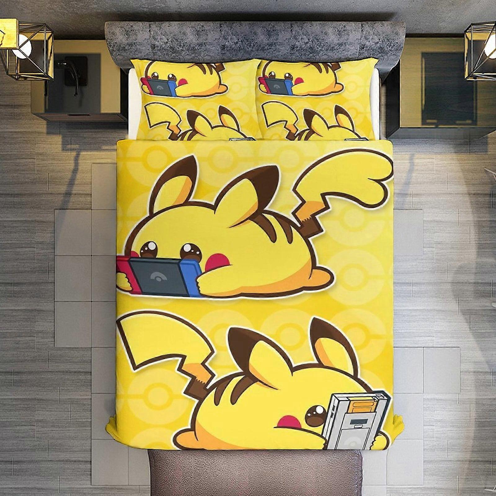 v106  Bed Sheets Bedding Pokmon 3 Piece Sets Full/Queen Size - Reversible Microfiber Quilts with Shams Soft Lightweight Bedspread Coverlet Comforter f