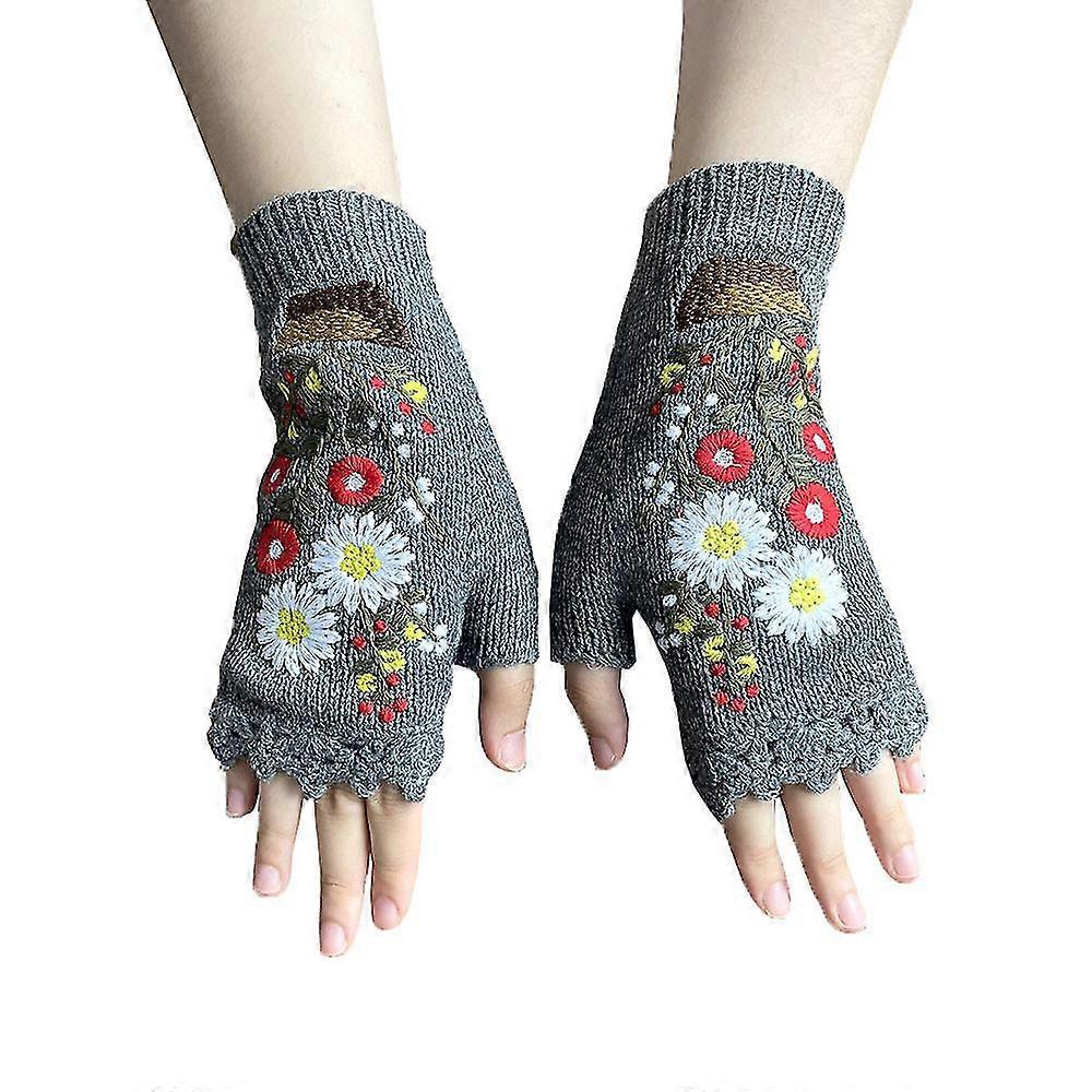 Damen handgefertigte grau gestrickte Herbst Winter Handschuhe Retro Häkelhandschuhe Handschuhe Fäustlinge Combo mit Tasche1setgrau