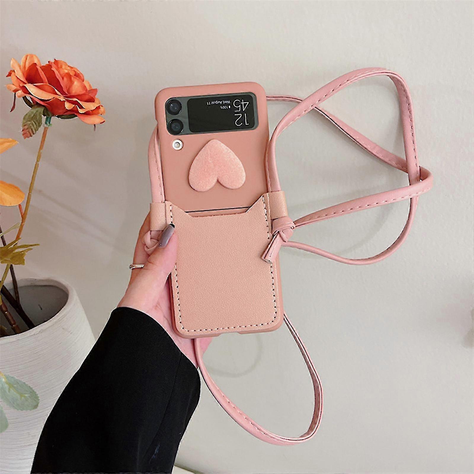 Love Heart Case Compatible With Samsung Galaxy Z Flip 4, Pc Frame& Pu Leather Shockproof Cover With Lanyard Pink