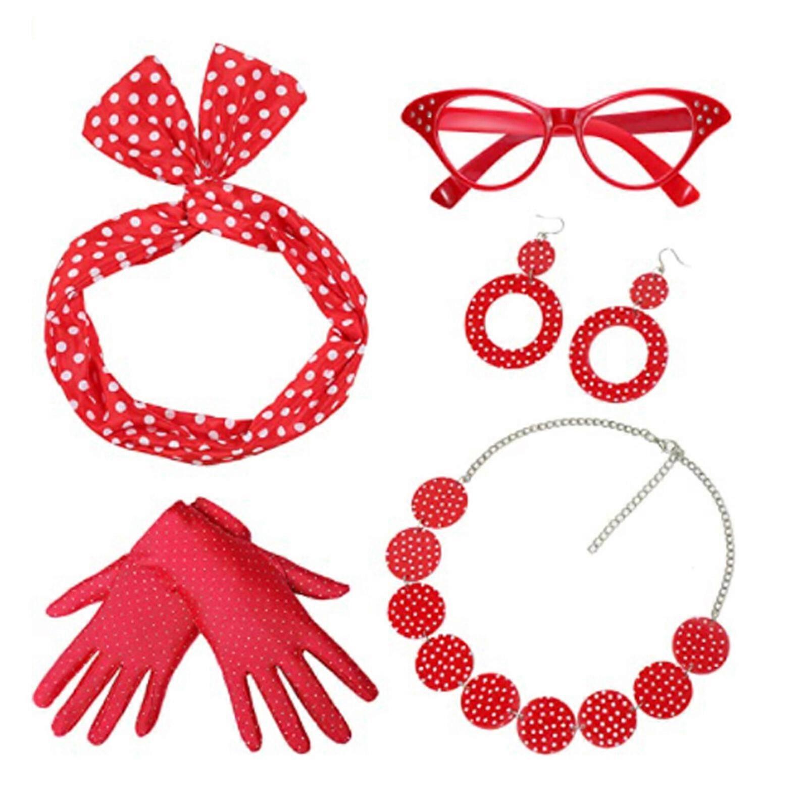 1950s Women's Costume Accessories Set - Polka Dot Scarf, Cat Eye Glasses, Headband, Earrings & Gloves