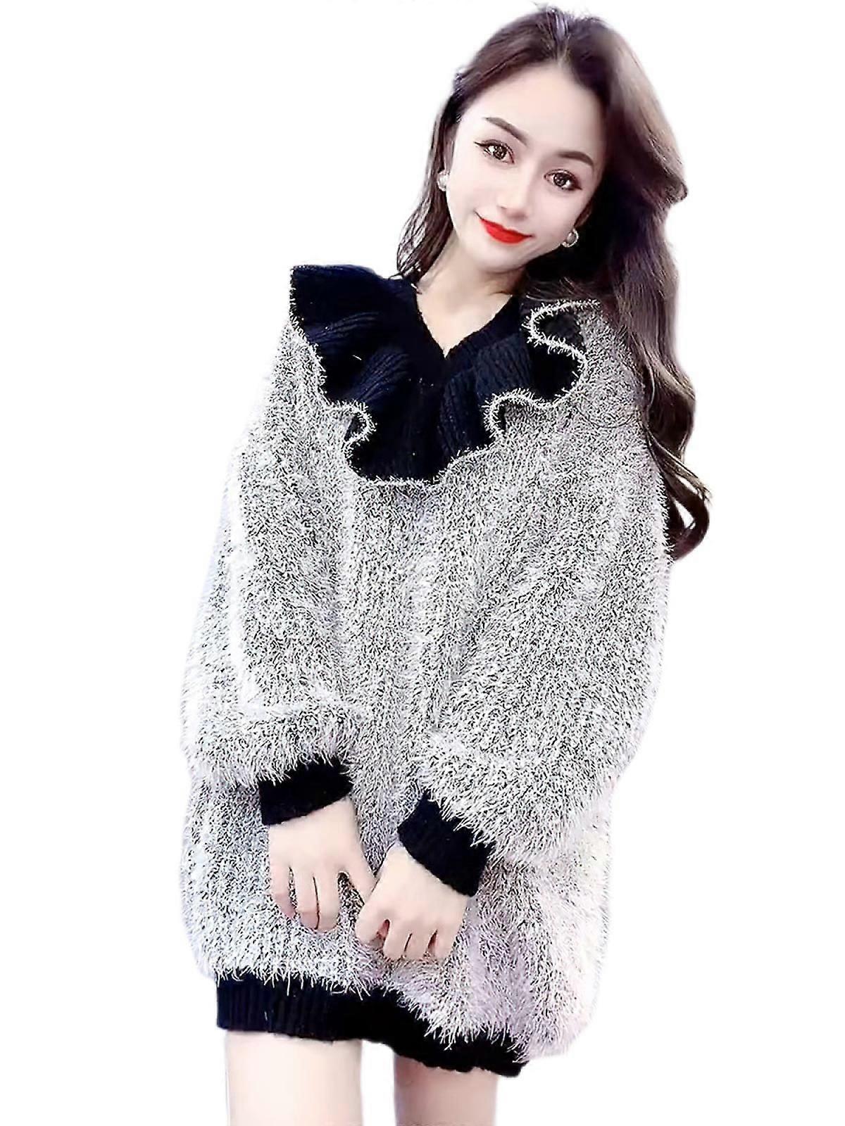 V Neck Long Lantern Sleeve Sweater Color Block Chunky Pullover Oversized Jumper