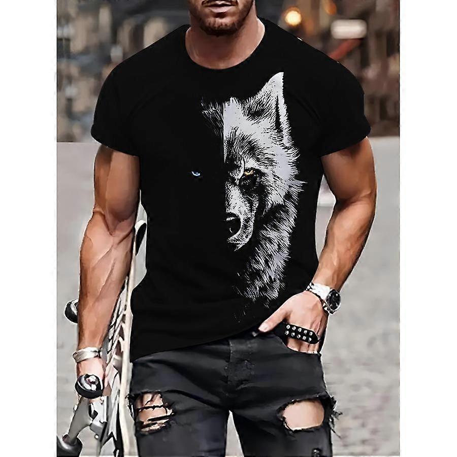 Koszulki z białym wzorem wilka Lato czarne koszulki Męska moda uliczna Koszulka z nadrukiem 3D Moda O Neck Bluzki z krótkim rękawem