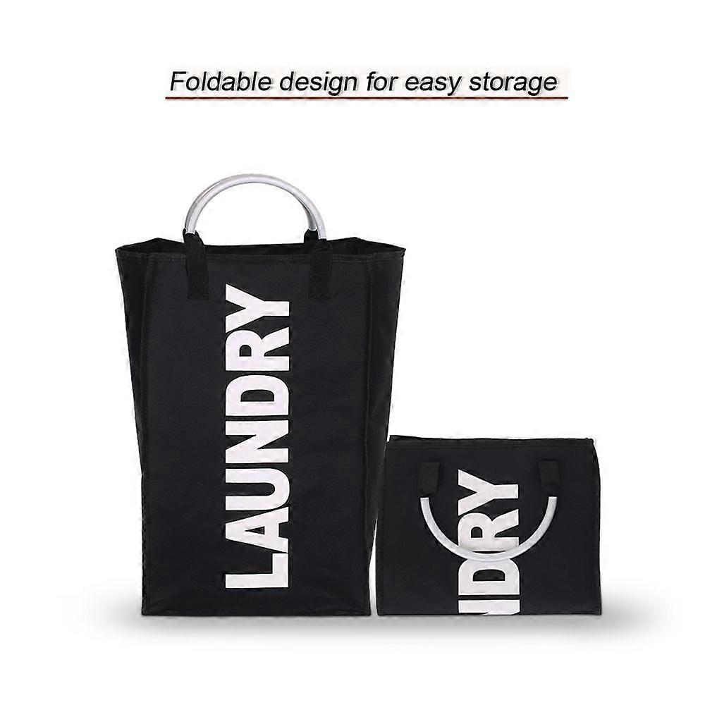 Practical Foldable Laundry Bag Washing Dirty Clothes Laundry Basket Storage Bag with Alloy Handle--Black