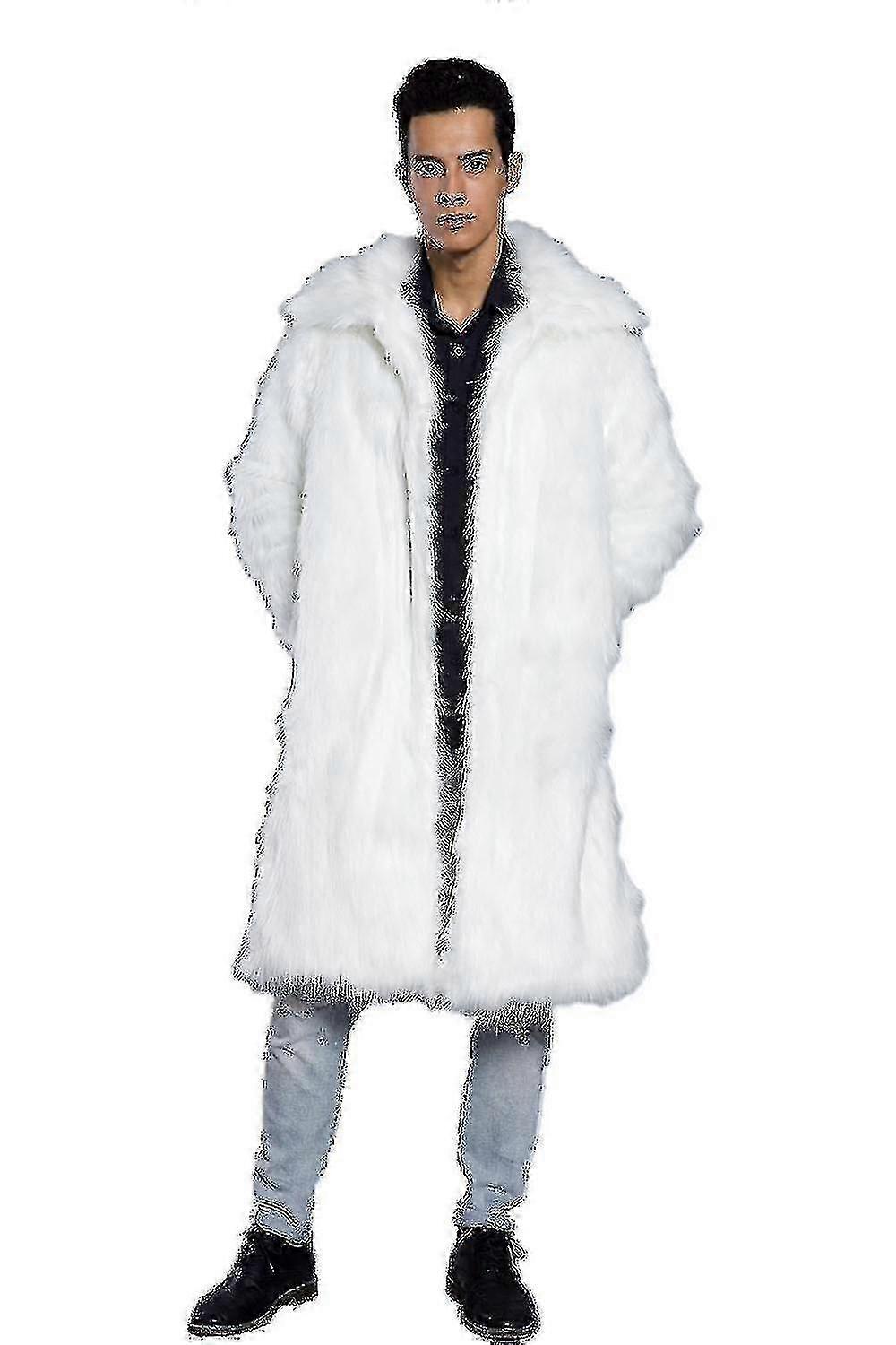 Herre Lang Fuskepels Frakk Vinter Tykkere Stativ Krage Jakke Yttertøy Overfrakk (l, hvit) f54