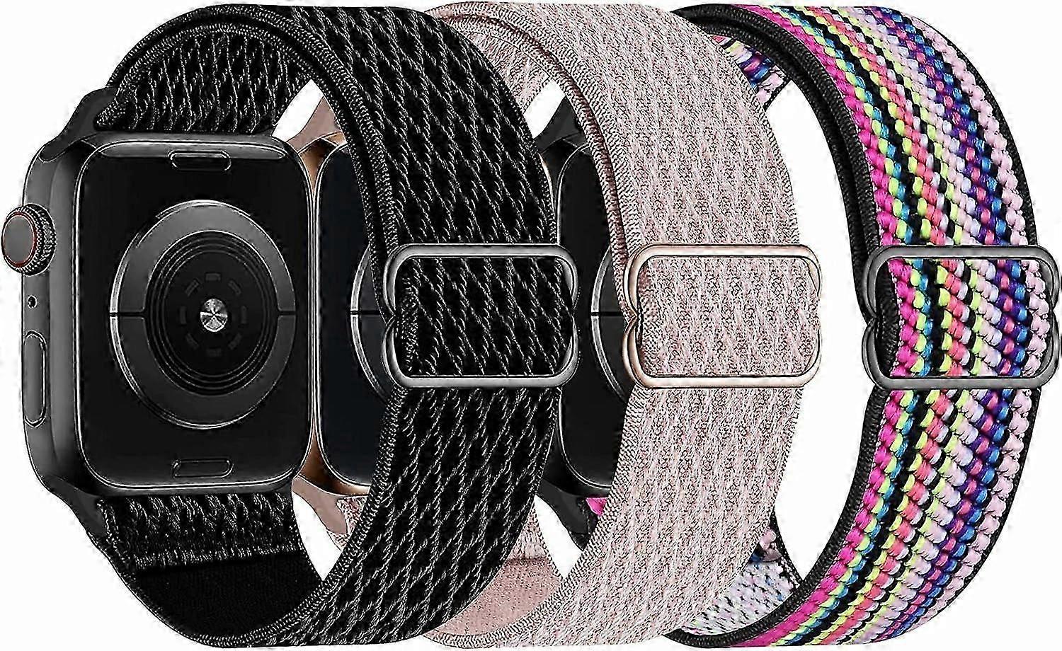 أحزمة حلقة منفردة من النايلون مطاطية متوافقة مع ساعة أبل 42 مم / 44 مم / 45 مم ، حزام لسلسلة iWatch 7/6/5/4/3/2/1 SE ، 3 عبوات Y 42 أسود / وردي وردي / برايد