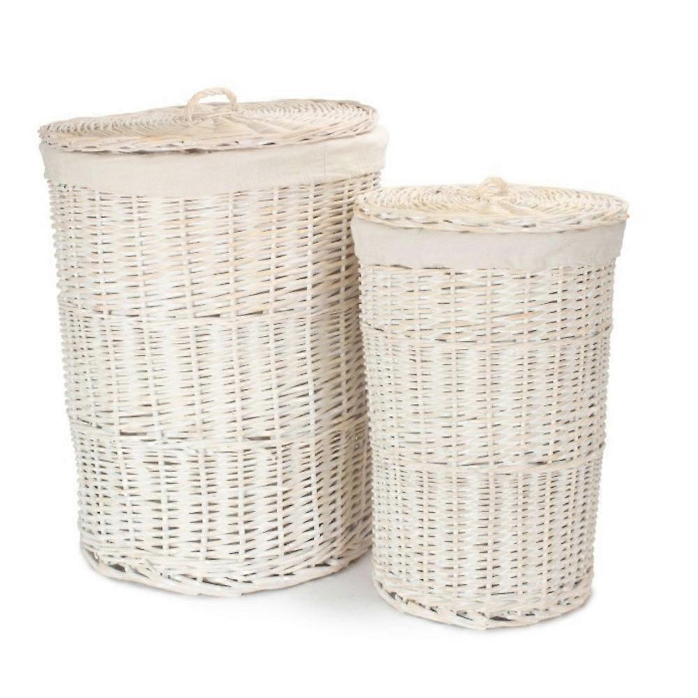 White Wash Round Cotton Lined Wicker Laundry Basket