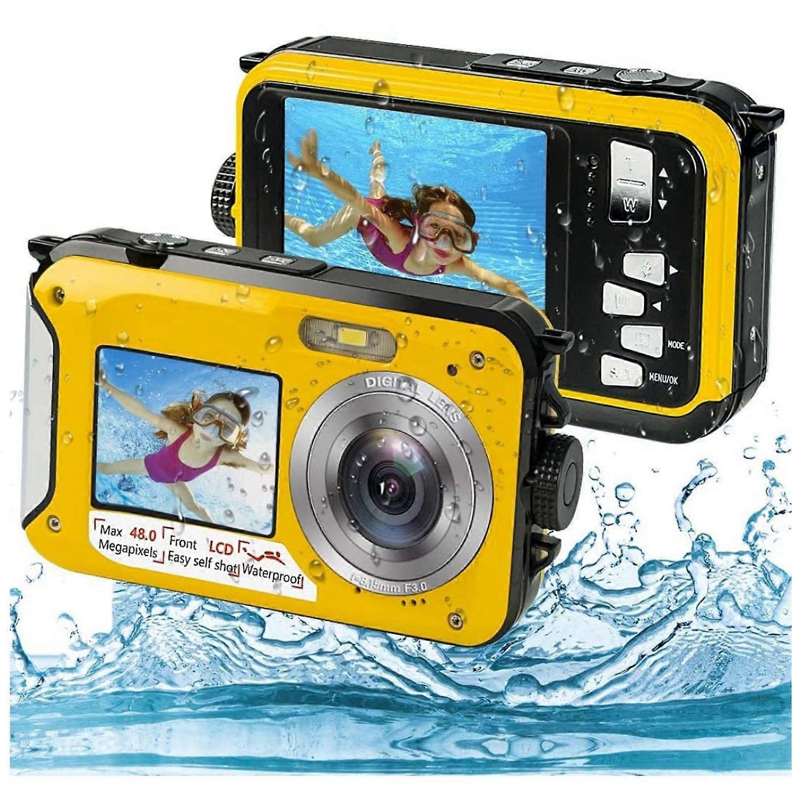 2.7K Underwater Digital Camera 48MP Full HD 10Ft Waterproof with 128GB Micro Card Support and 16X Digital Zoom Dual Screen Yellow