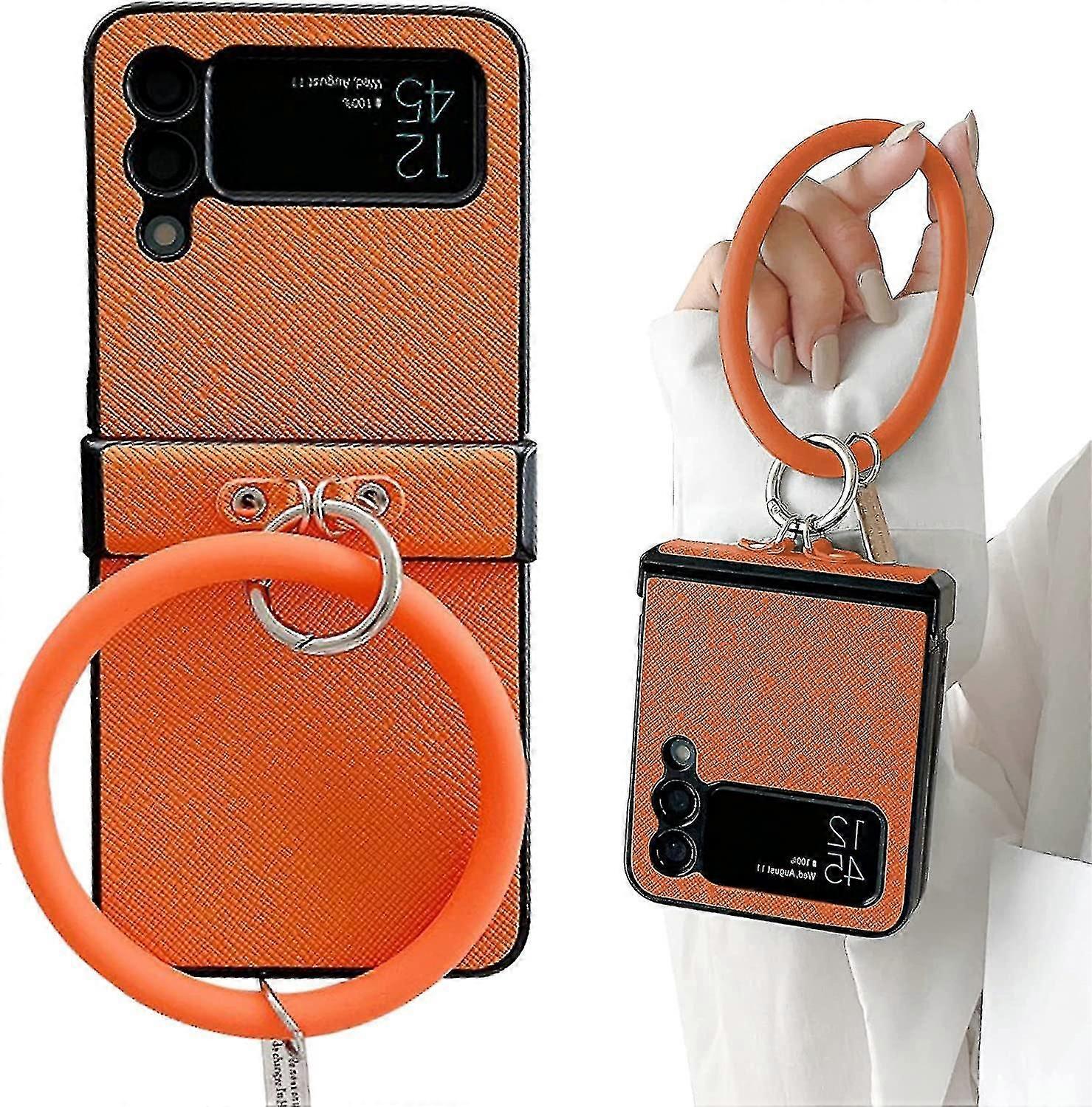 Leather Case Compatible Samsung Galaxy Z Flip 4 With Bracelet Silicone Loop Lanyard Hinge Protection